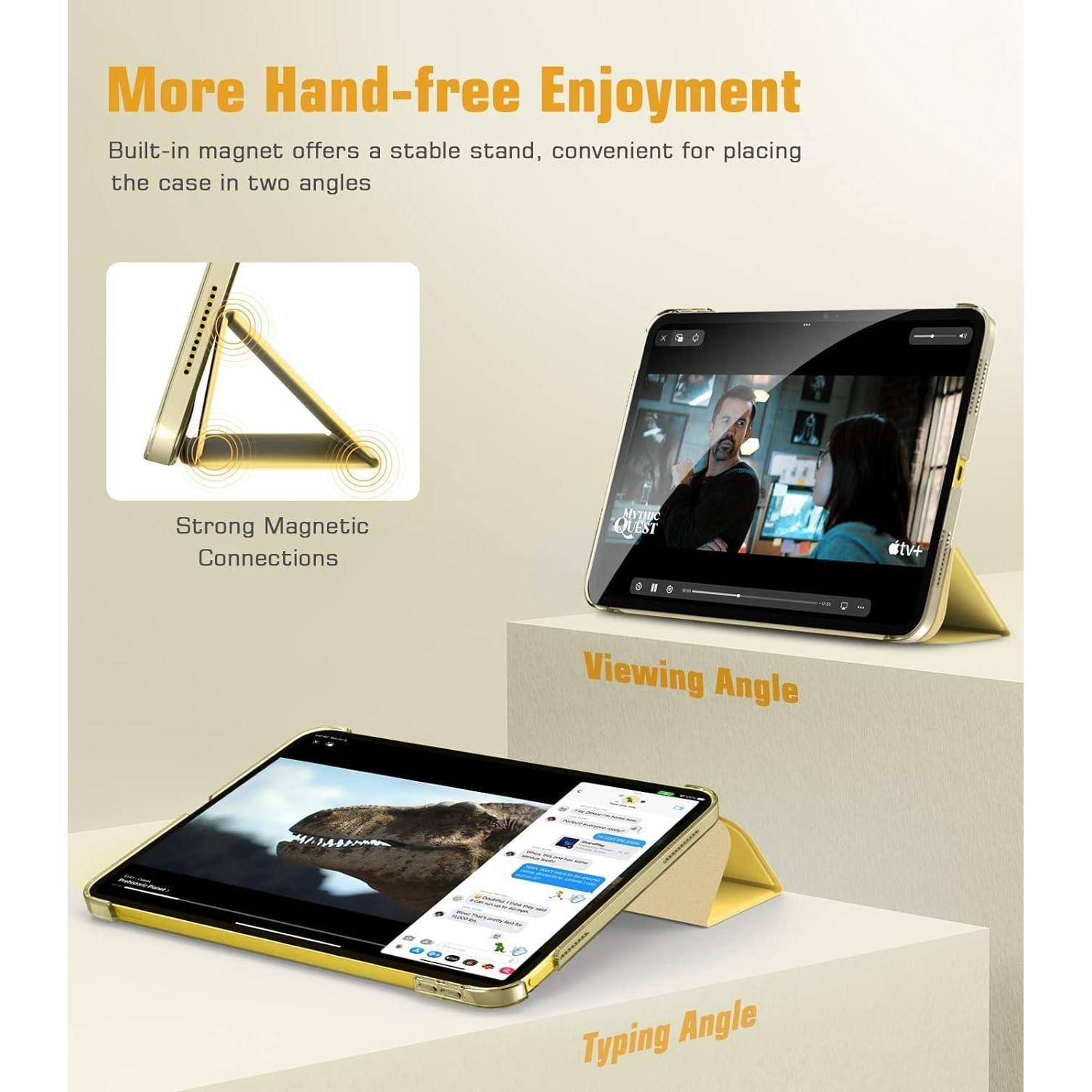 Werbegrafik mit einer Tablet-Schutzhülle mit integriertem Magnetständer für freihändige Nutzung; zeigt Ansichts- und Schreibwinkel mit starken Magnetverbindungen.