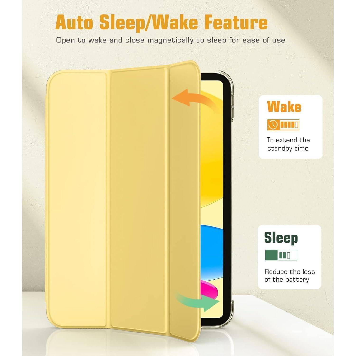 Illustration eines Tablet-Schutztaschen mit Auto Sleep/Wake-Funktion: Das Öffnen weckt das Gerät auf, um die Standby-Zeit zu verlängern; das Schließen versetzt es in den Ruhezustand, um Akku zu sparen.