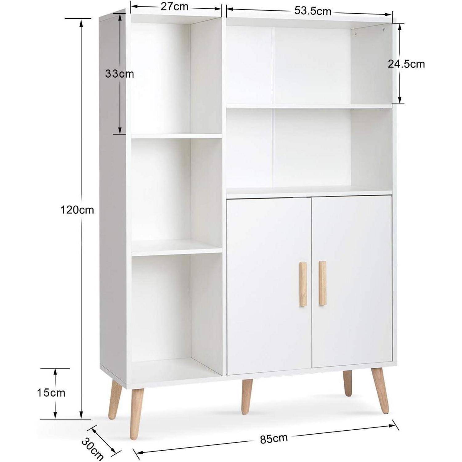 Weißer Schrank mit offenen Regalen und zwei unteren Türen auf Holzbeinen, gezeigt mit Abmessungen: 120cm hoch, 85cm breit, 30cm tief.