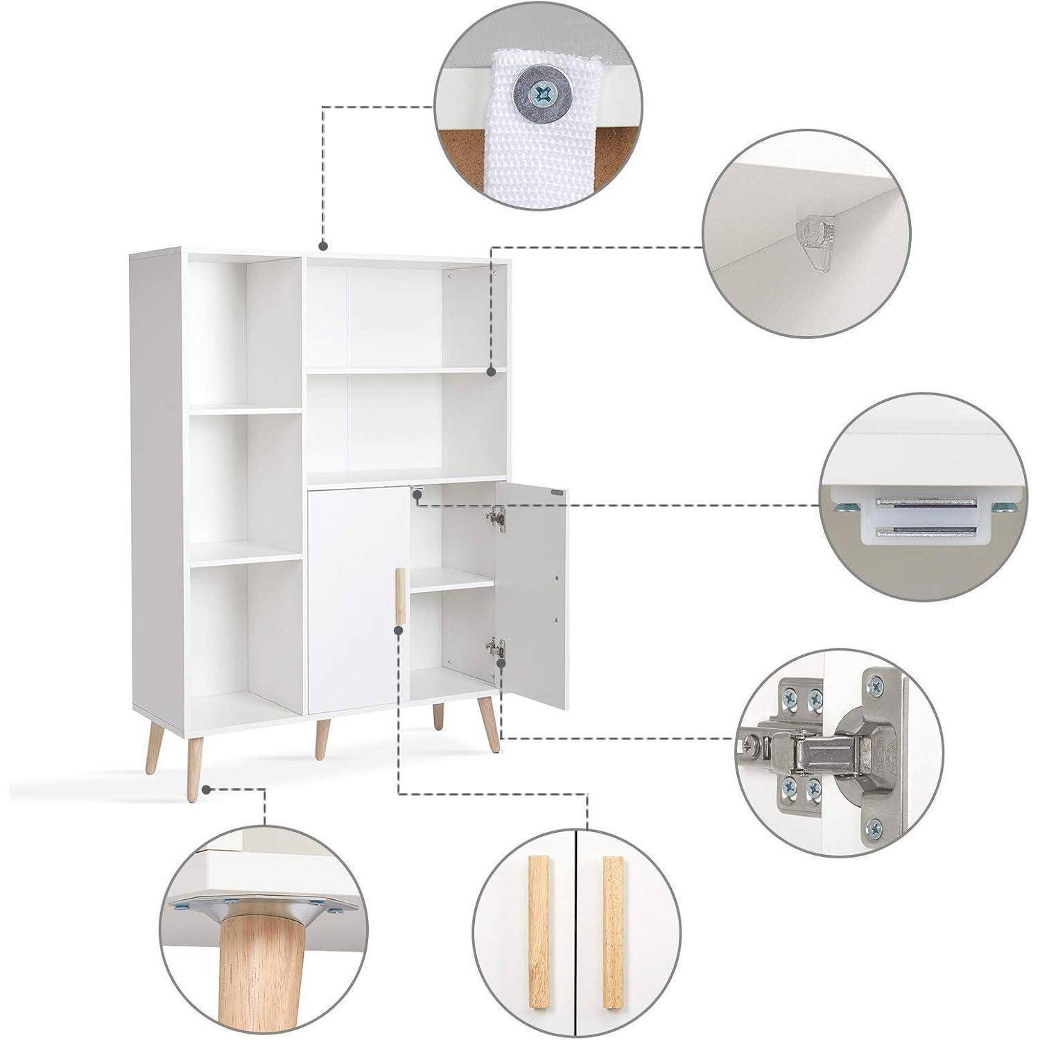 Weißer Lagerschrank mit offenen Regalen und einer Klapptür auf Holzbeinen, mit kreisförmigen Bildern, die Hardware, Scharniere, Regalstützen und Beindetails hervorheben.