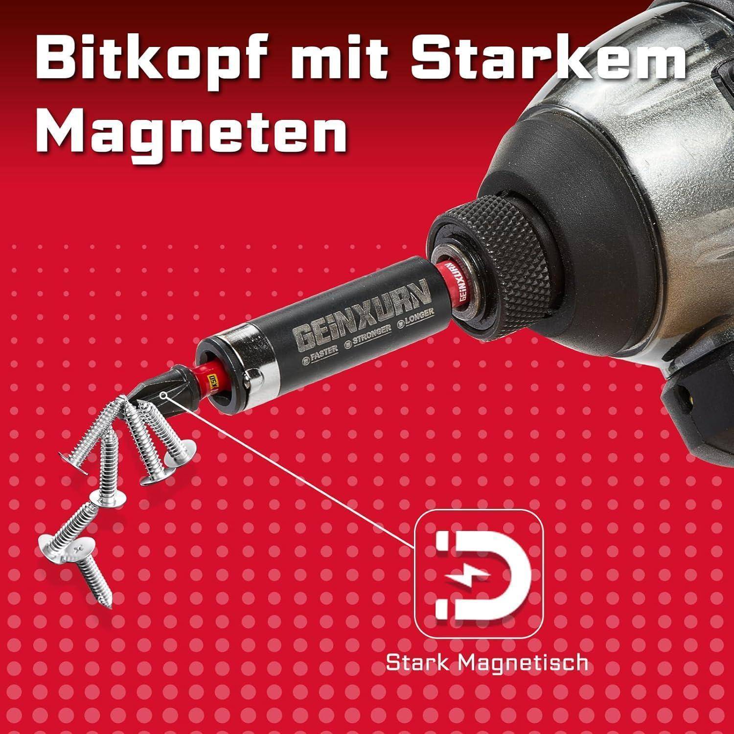 Anzeige für einen Bohraufsatz mit starken Magneten, der Schrauben am Aufsatz hält, und dem deutschen Text „Bitkopf mit starkem Magneten" und „Stark magnetisch"".