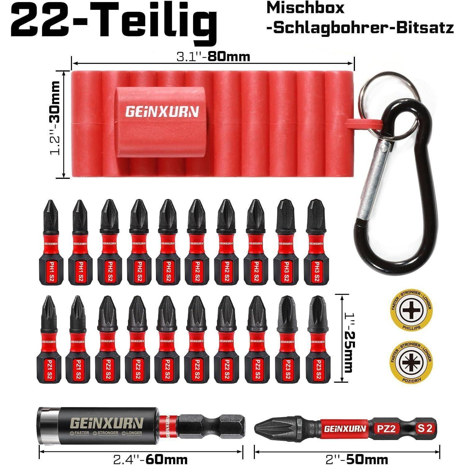 22-teiliger Schraubendreher-Bit-Satz mit rotem Aufbewahrungskoffer, Karabinerhaken und Bits mit Beschriftung PZ2 und S2; Größen in mm und Zoll angegeben.