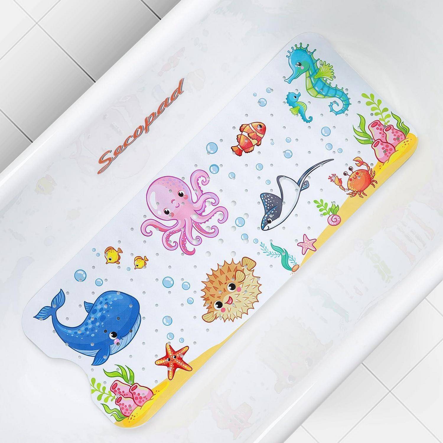 Bunte Baby-Badematte mit Meerestieren, darunter ein Wal, Oktopus, Seepferdchen, Fisch und Seestern, auf einer weißen Badewannenfläche.