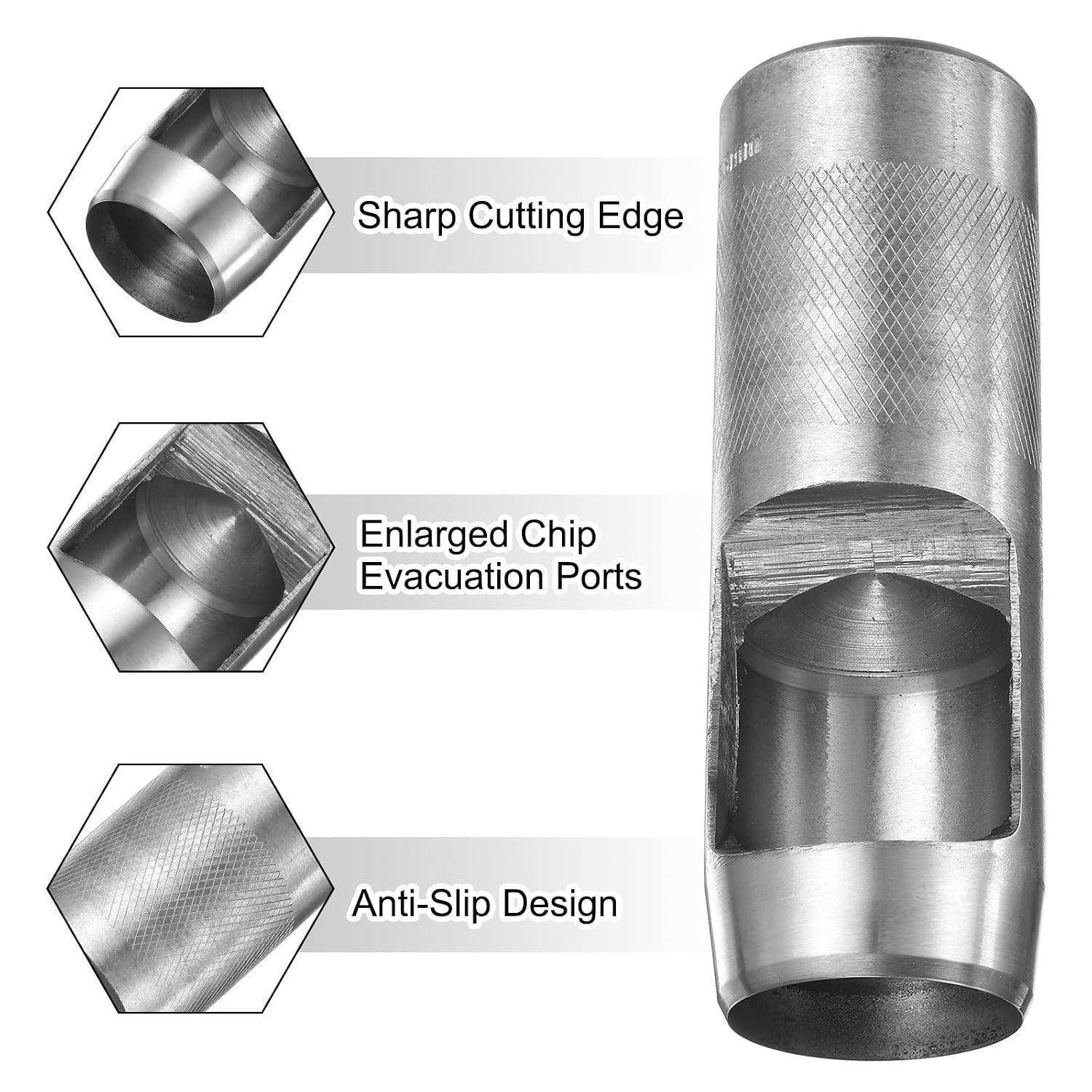 Darstellung eines zylindrischen Metallschneidewerkzeugs mit Beschriftungen für "Scharfe Schneidkante"", ""Vergrößerte Spanaustrittslöcher"" und ""Rutschfestes Design"".