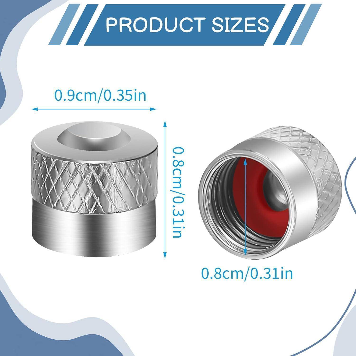 Produktgrößen-Diagramm zeigt eine kleine Metallkappe, 0,9 cm breit und 0,8 cm hoch, mit Gewinde im Inneren, dargestellt in Seiten- und Frontansicht.