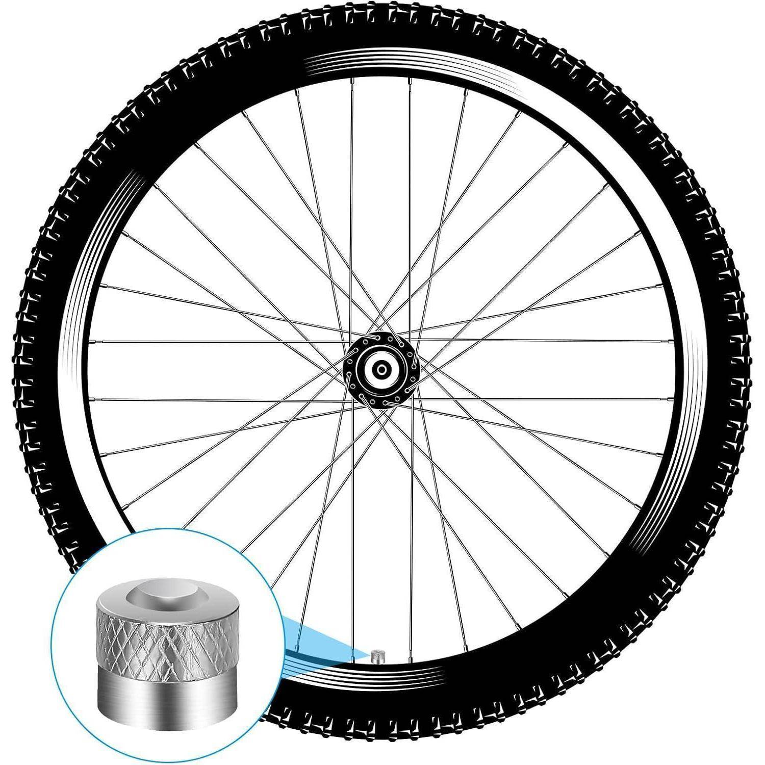 Fahrradrad mit Reifen und Speichen, plus vergrößerte Nahaufnahme einer Metallventilkappe oder eines Adapters unten links.