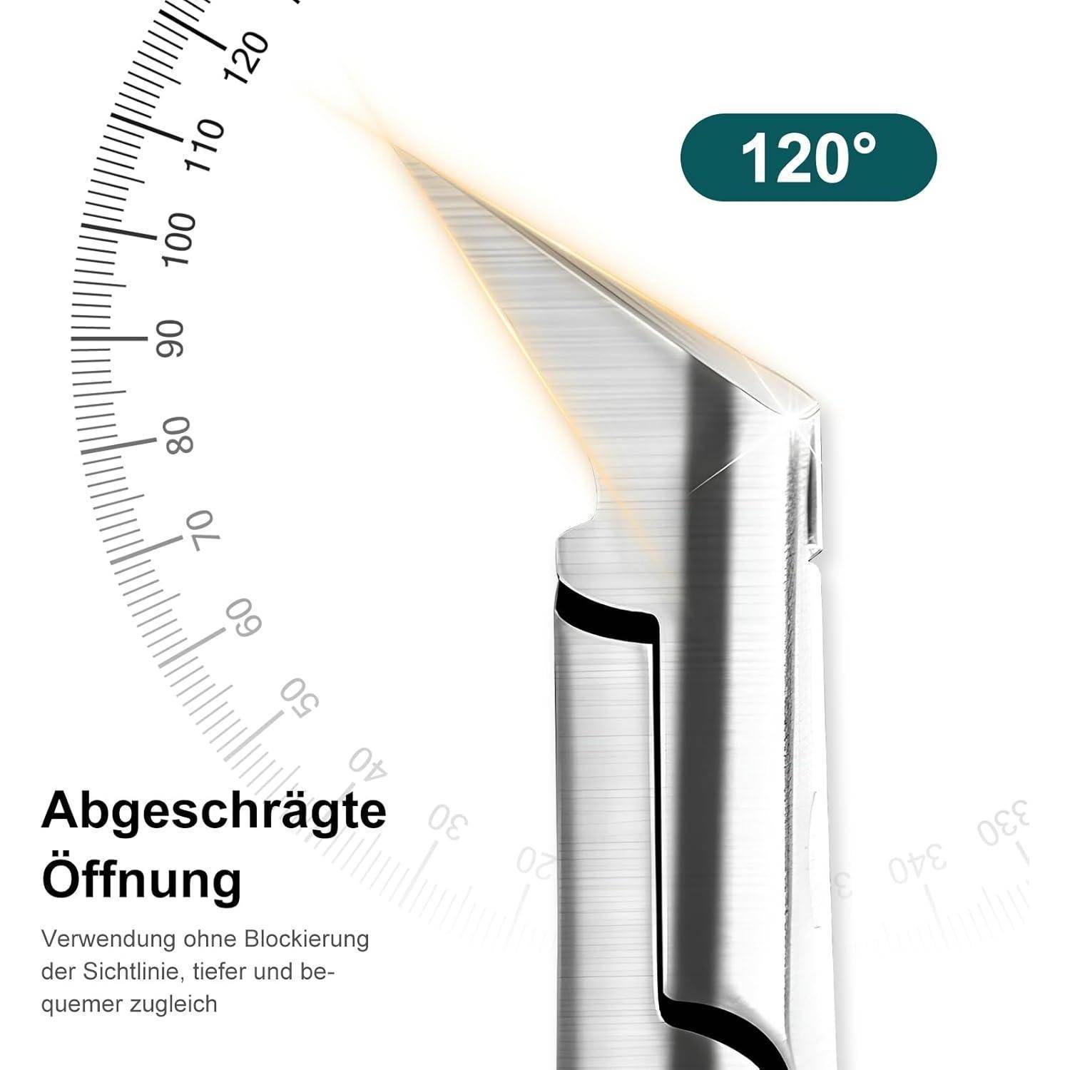 Winkelprüfer zeigt eine Metallwerkzeugspitze mit einer um 120° abgeschrägten Öffnung, beschriftet auf Deutsch als 'Abgeschrägte Öffnung' und hebt den schräggestellen Zugang hervor.