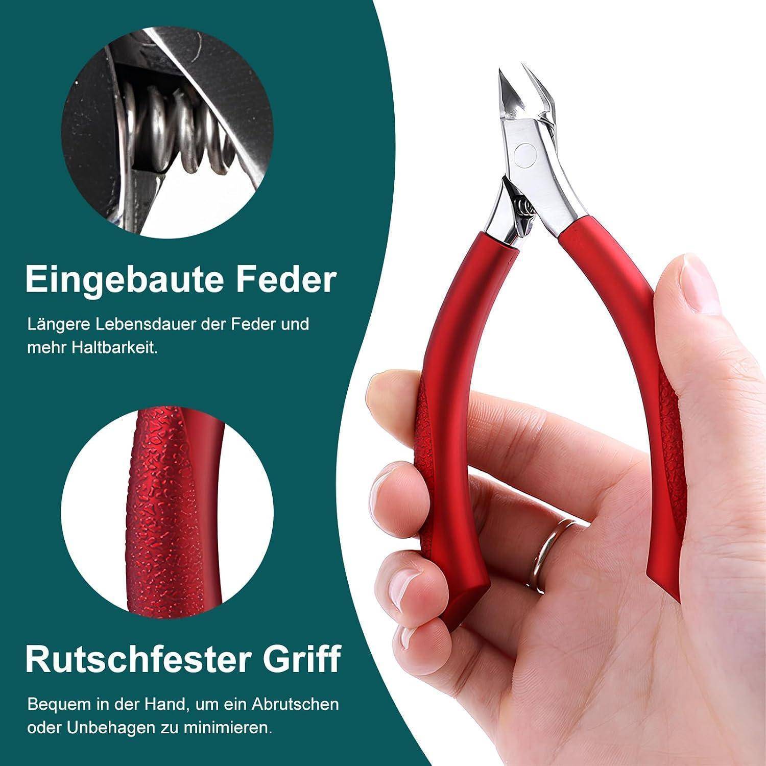 Hand hält rote Nagelschere; Beschriftungen in Deutsch heben die eingebaute Feder für Langlebigkeit und den rutschfesten Griff für Komfort hervor.