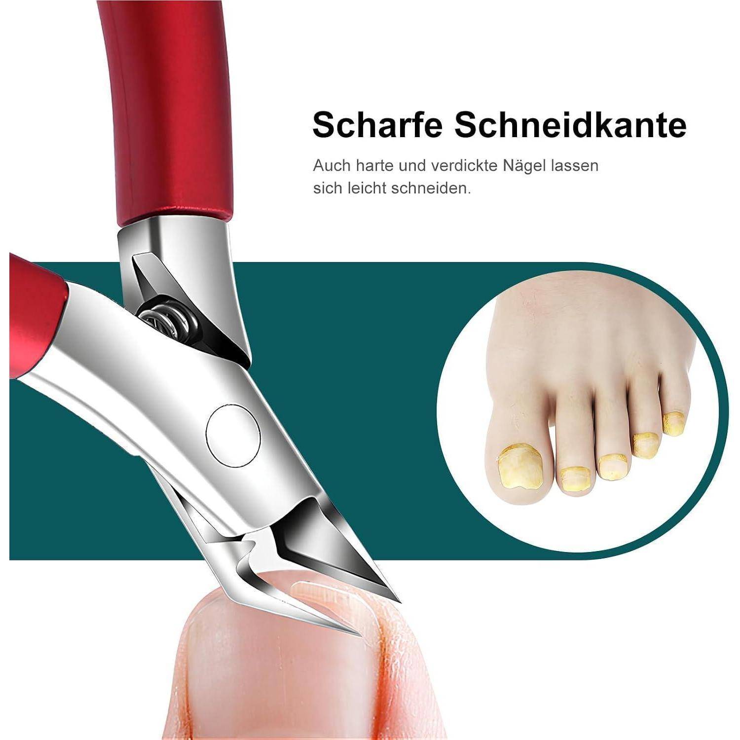 Anzeige für Nagelknipser mit scharfer Schneidkante, zeigt das Werkzeug beim Schneiden eines Fußnagels und eine Nahaufnahme von Nägeln, mit deutschem Text „Scharfe Schneidkante