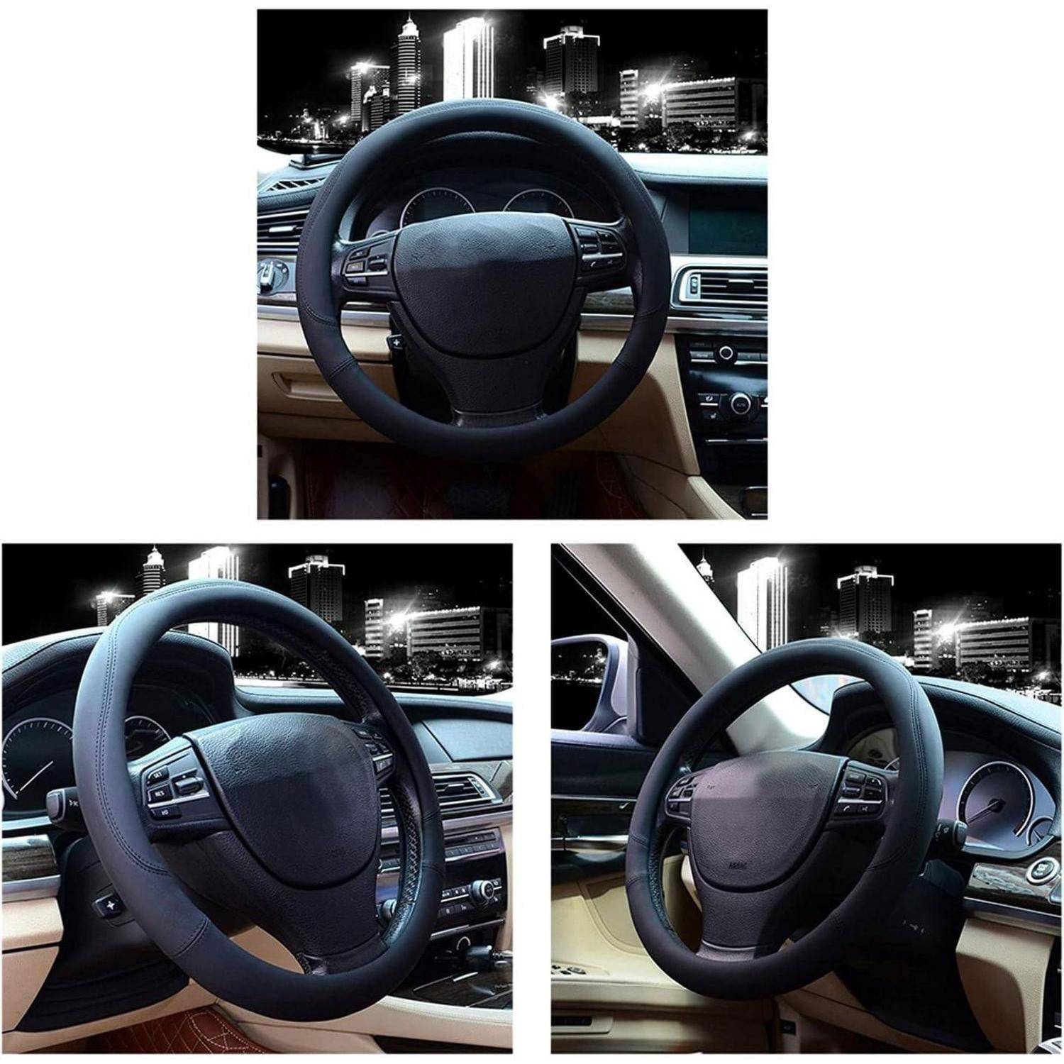 Collage zeigt ein Autolenkrad mit installierter schwarzer Schutzhülle, fotografiert aus der Fahrerperspektive in einem luxuriösen Fahrzeuginnenraum.