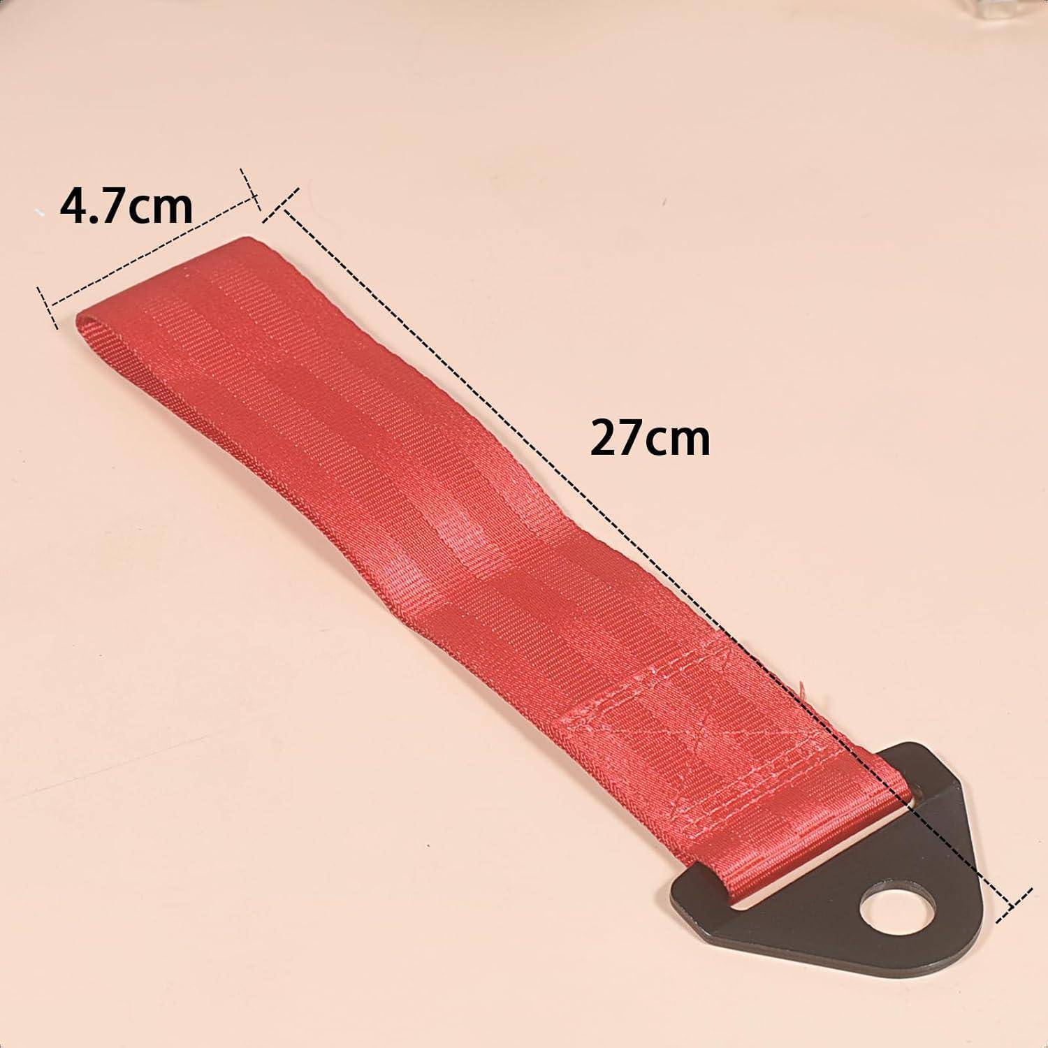 Rote Nylon-Abschleppschlinge mit schwarzer Metallmontageplatte; Abmessungen gekennzeichnet als 27 cm lang und 4,7 cm breit.