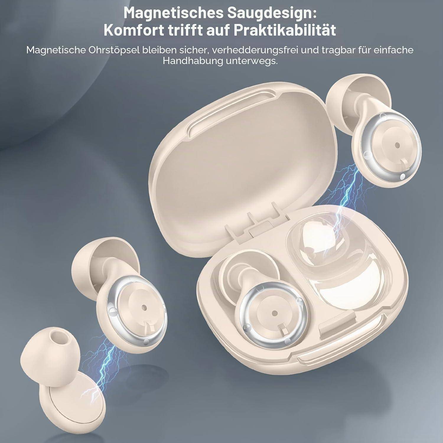 Werbebild mit beigen magnetischen Ohrhörern und Ladeetui; deutscher Text besagt „Magnetisches Saugdesign: Komfort trifft auf Praktikabilität