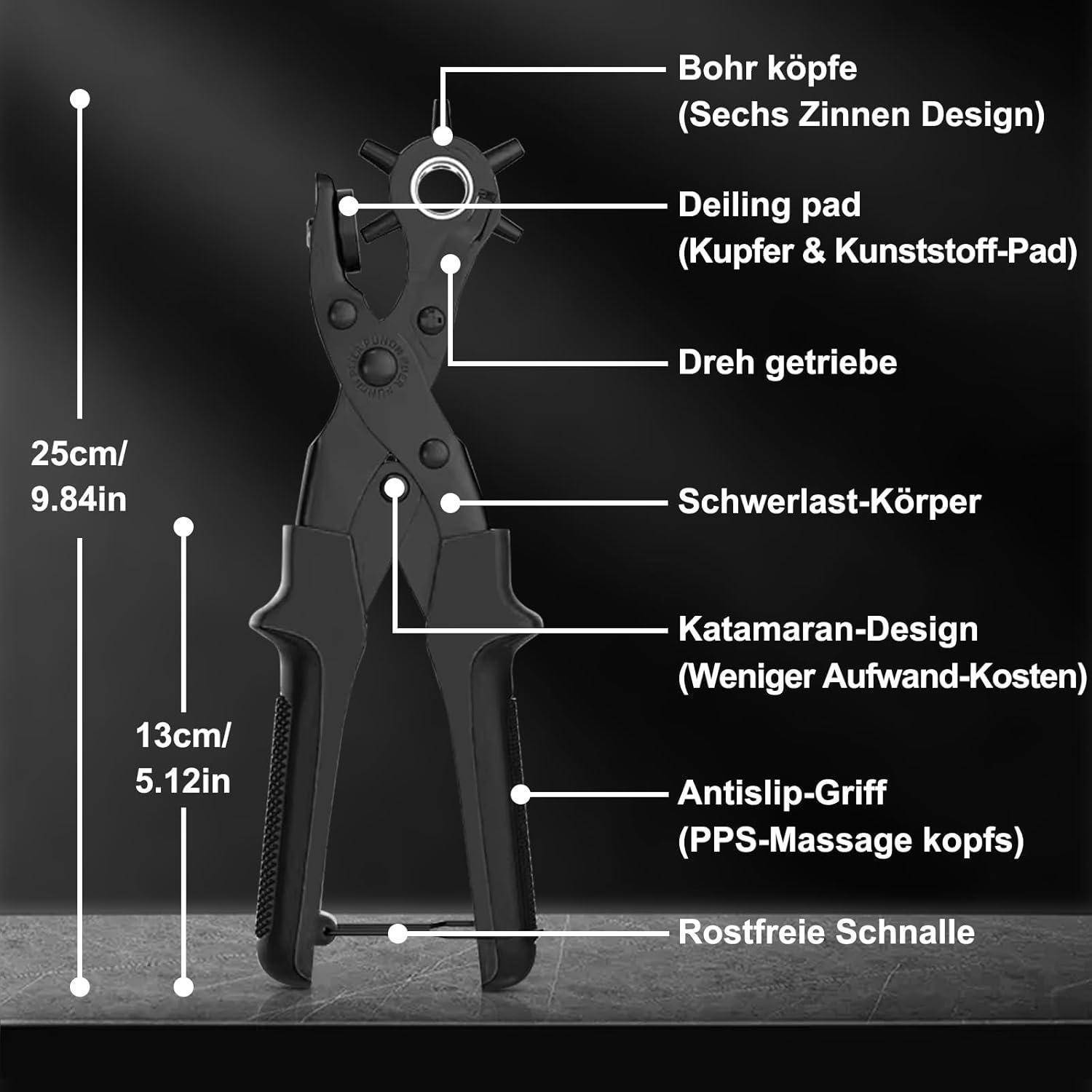Annotiertes Bild eines schwarzen tragbaren Werkzeugs mit deutschen Beschriftungen, die Teile benennen: Bohrerkopf, Kupfer-/Kunststoffauflage, Zahnrad, Gewichtskörper, Katamaran-Design, rutschfester Griff und Edelstahlschnalle.