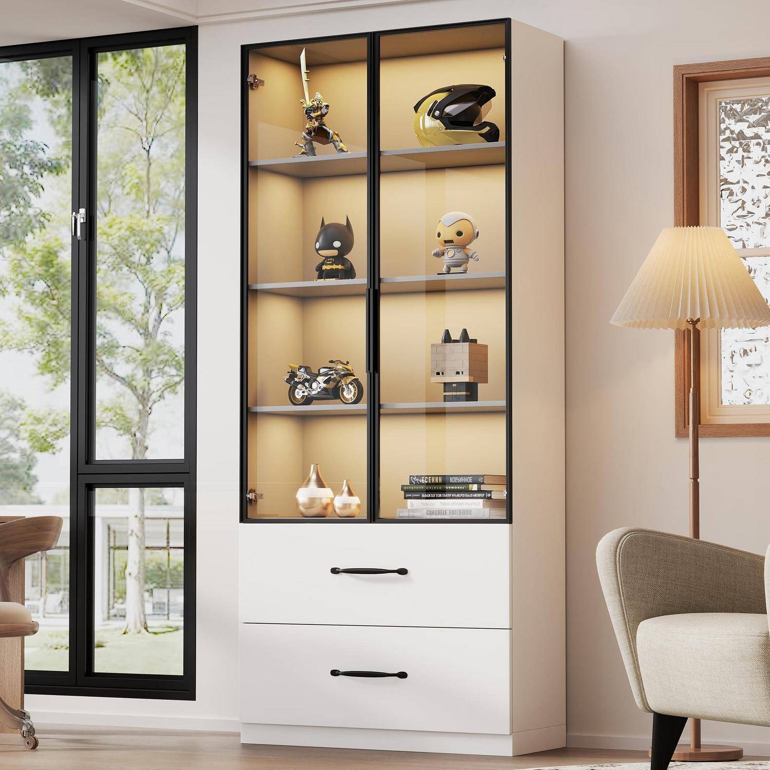 Vitrine mit LED Beleuchtung, 60×40×160 cm, Glasvitrine mit Schubladen, Aluminiumrahmen, Hartglastüren und sanft schließenden Scharnieren, Vitrinen