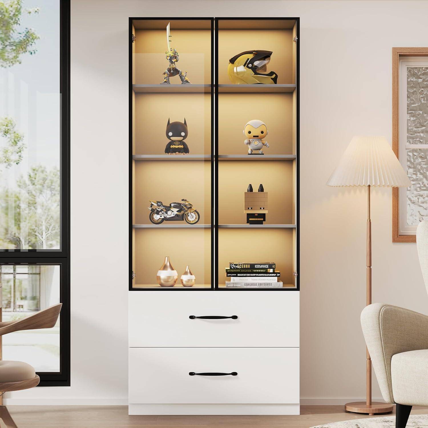 Vitrine mit LED Beleuchtung, 60×40×160 cm, Glasvitrine mit Schubladen, Aluminiumrahmen, Hartglastüren und sanft schließenden Scharnieren, Vitrinen