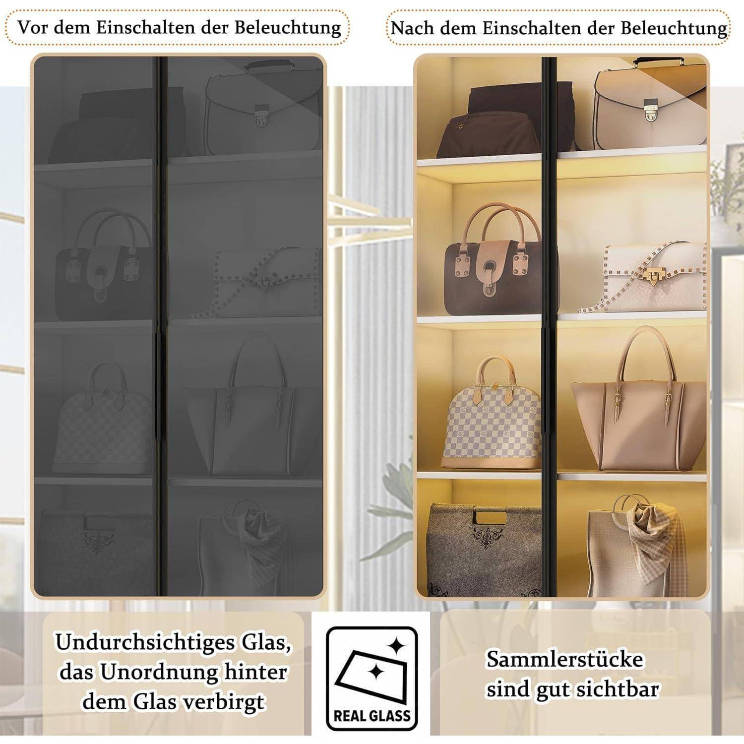 Vitrine mit LED Beleuchtung, 60×40×160 cm, Glasvitrine mit Schubladen, Aluminiumrahmen, Hartglastüren und sanft schließenden Scharnieren, Vitrinen