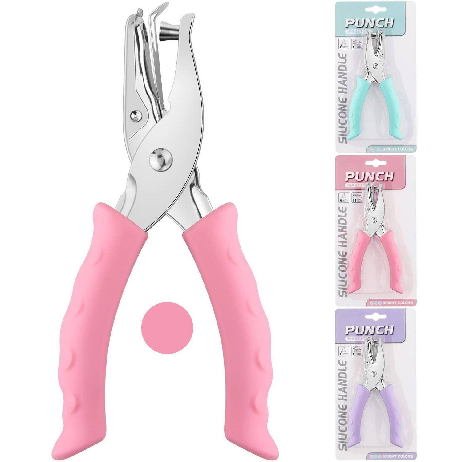 Metallisches Lochzange mit rosa Silikongriff wird auf der Verpackung mit drei Farboptionen gezeigt: Blaugrün, Rosa und Lila.