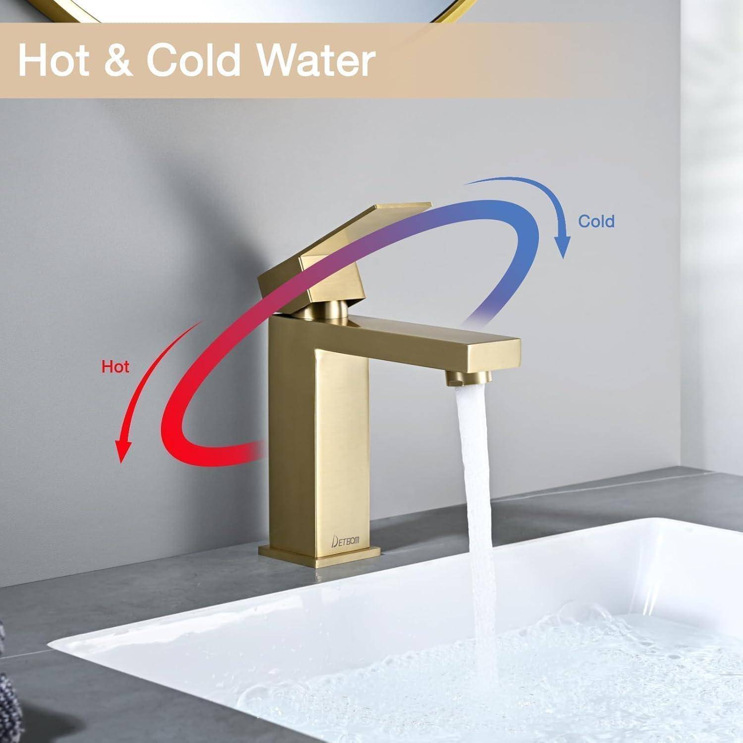 Waschtischarmatur Bad Gold – Edelstahl 304, Geräuscharmes Keramikventil, Einhebel Mischbatterie für Waschbecken, Kalt & Warmwasser Einstellbar, Hy