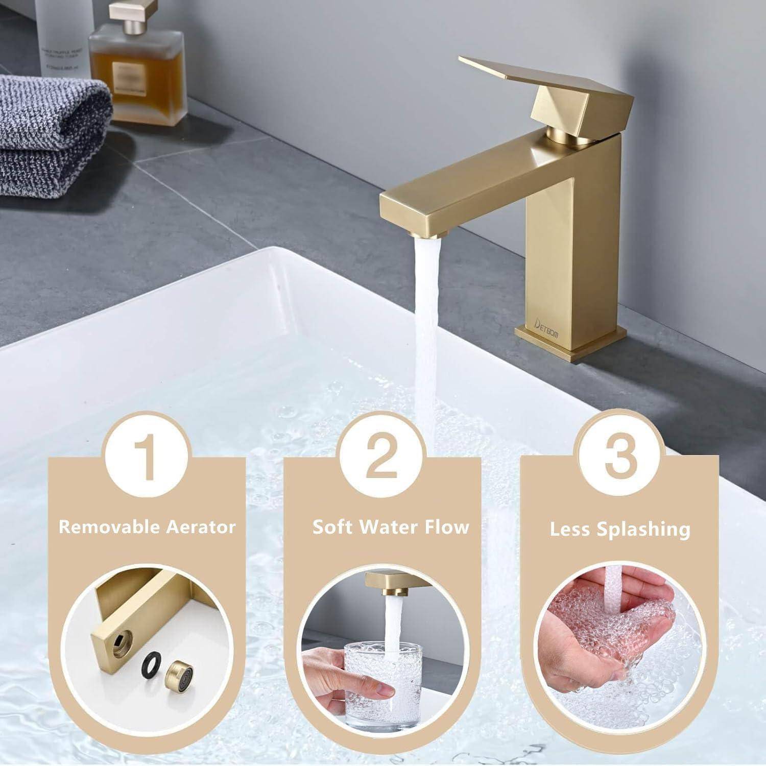 Waschtischarmatur Bad Gold – Edelstahl 304, Geräuscharmes Keramikventil, Einhebel Mischbatterie für Waschbecken, Kalt & Warmwasser Einstellbar, Hy