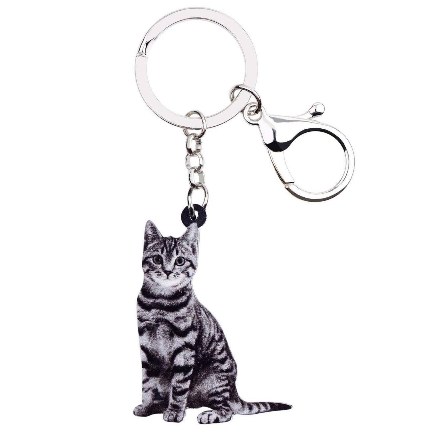 Silberner Schlüsselanhänger mit baumelndem katzenförmigem Anhänger, bedruckt mit einem Tabby-Kätzchenabbild