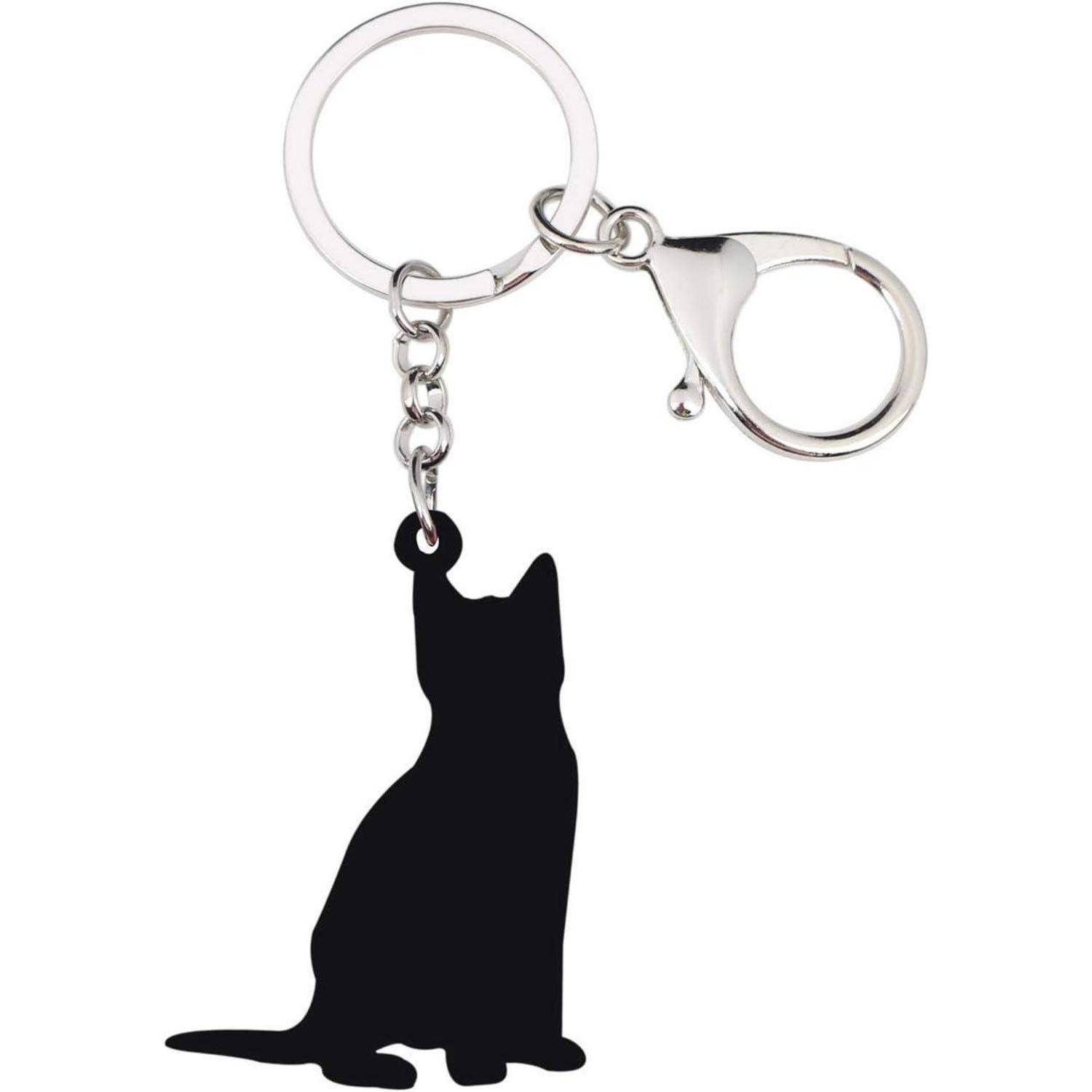 Schlüsselanhänger in Form einer schwarzen Katzensilhouette an einem silbernen Schlüsselring mit Verschluss, gezeigt auf weißem Hintergrund.