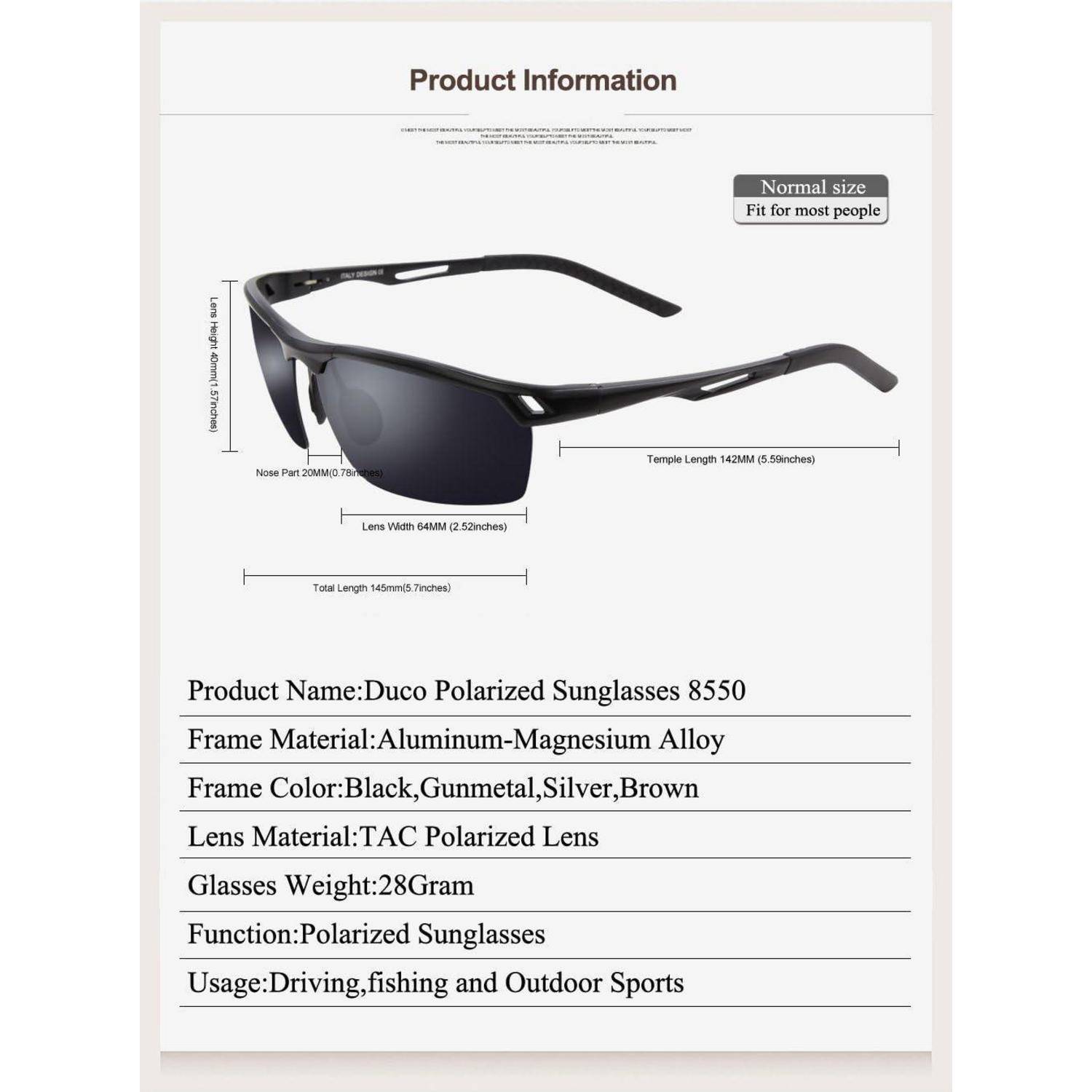 Produktinformation für Duco Polarisierte Sonnenbrillen 8550 mit schwarzen Sportsonnenbrille mit Abmessungen, normale Größe Passform und Spezifikationen: Aluminium-Magnesium-Rahmen, TAC-polarisierte Gläser, 28g, zum Fahren, Fischen, Outdoor-Sport.