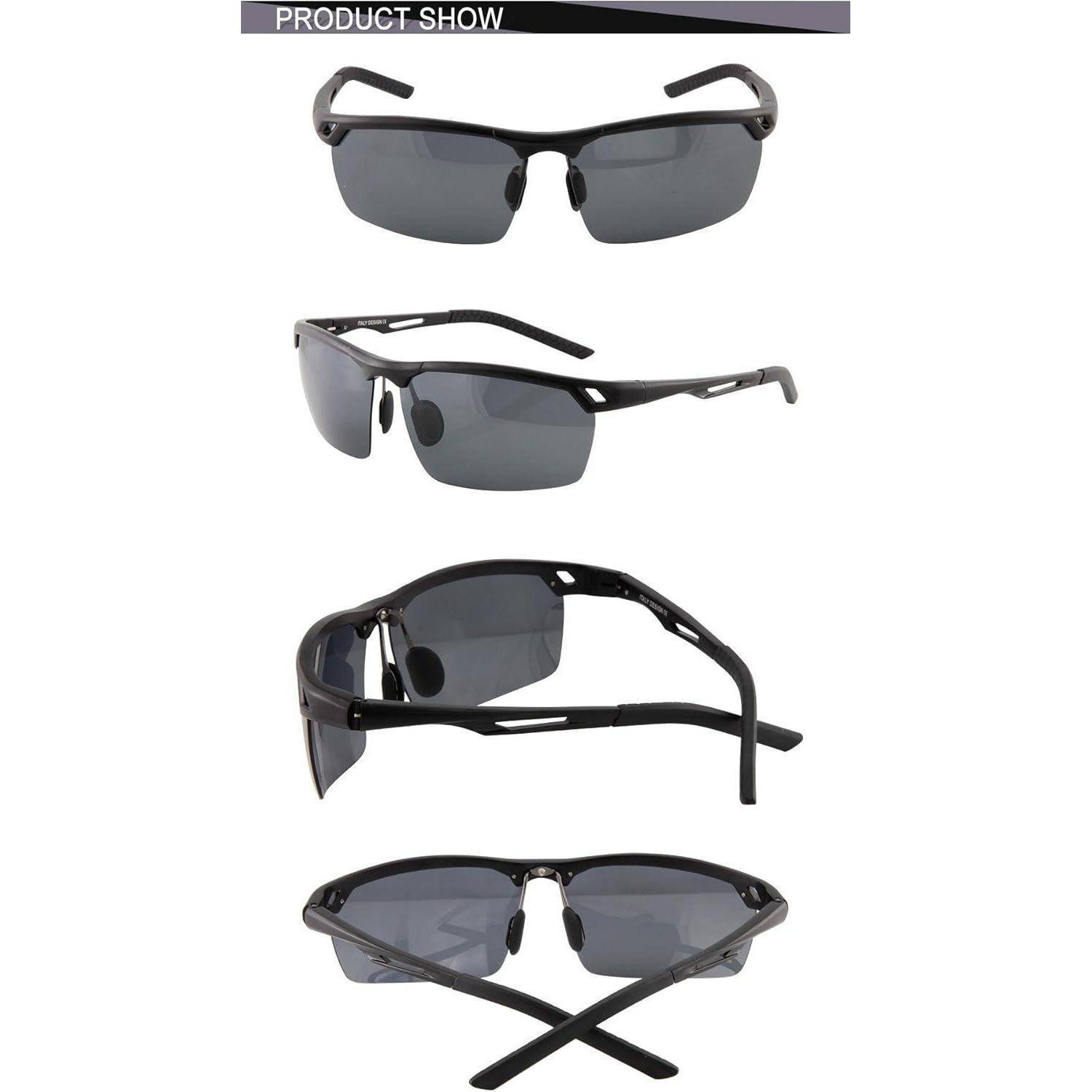 Produktpräsentation von schwarzen Wraparound-Sportsonnenbrille mit grauen Gläsern, gezeigt von vorne, von der Seite und in schrägen Ansichten auf weißem Hintergrund.