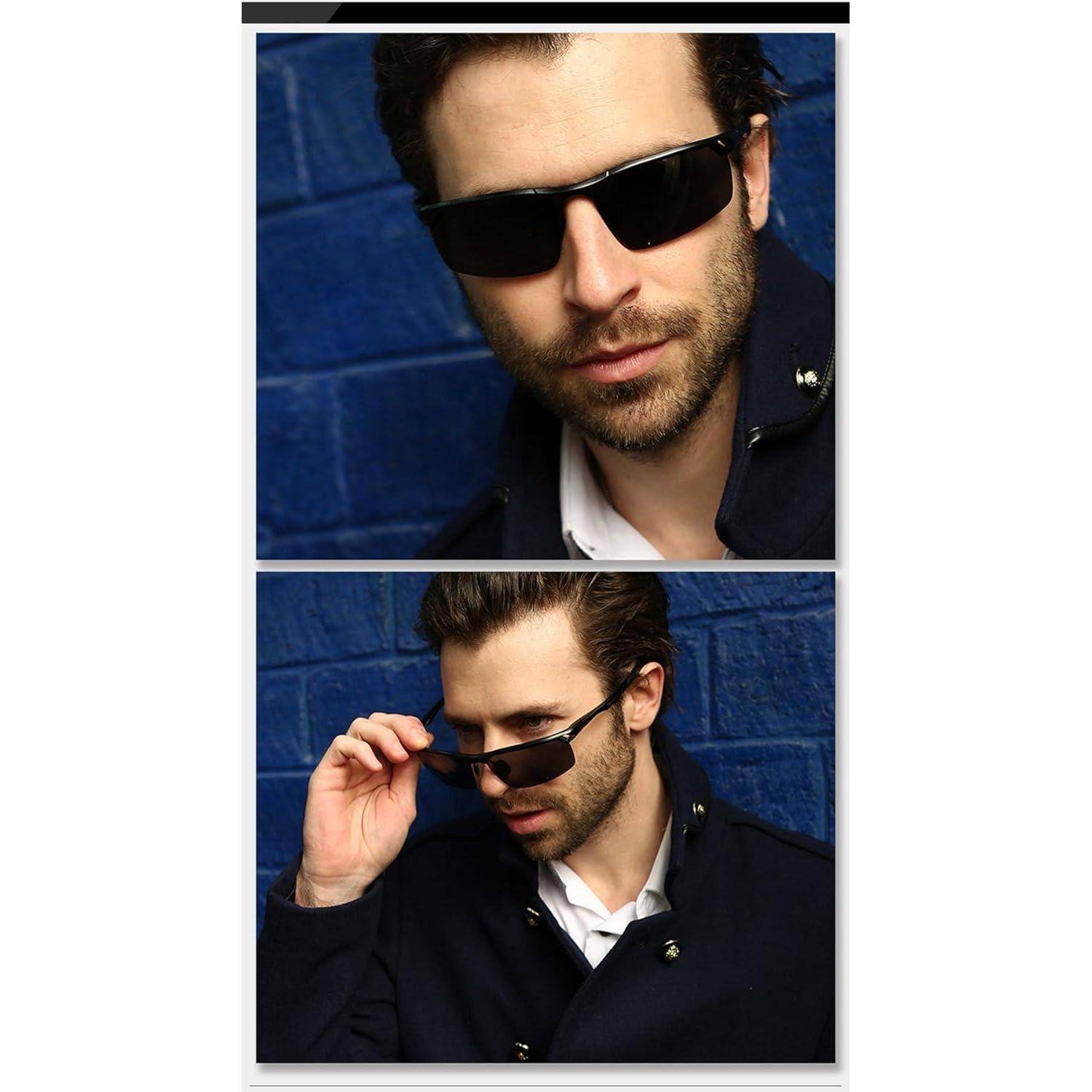 Zwei übereinander gestapelte Fotos eines Mannes in einem dunklen Mantel vor einer blauen Wand, erstes Foto mit schwarzer Sonnenbrille, zweites Foto zeigt ihn, wie er die Brille mit seiner Hand herunternimmt.