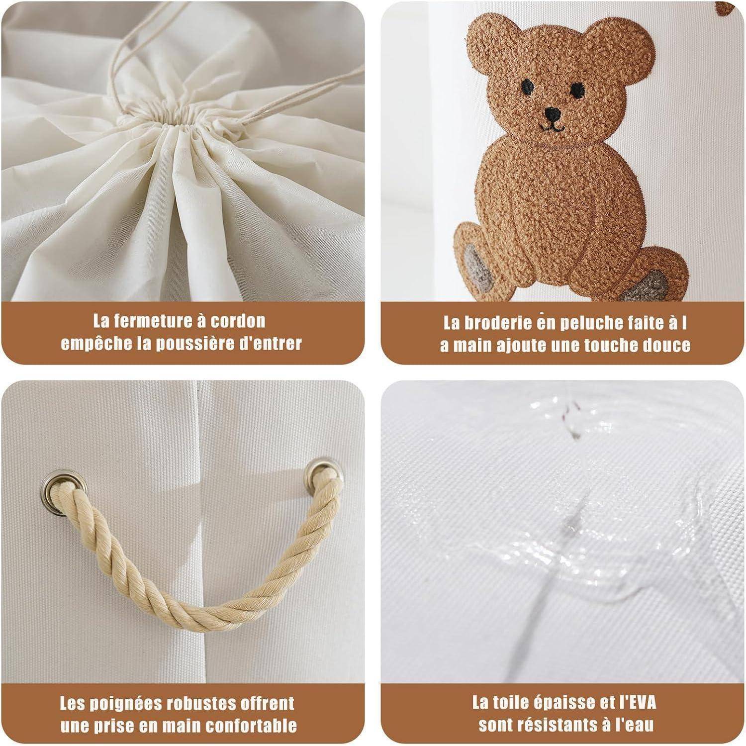 Vierteiliges Produktkollage, das eine staubdichte Aufbewahrungstasche zeigt: Kordelzugverschluss, Stickerei mit Plüsch-Teddybär, Seile zum Tragen und dickes Gewebe mit wasserdichter EVA-Beschichtung.