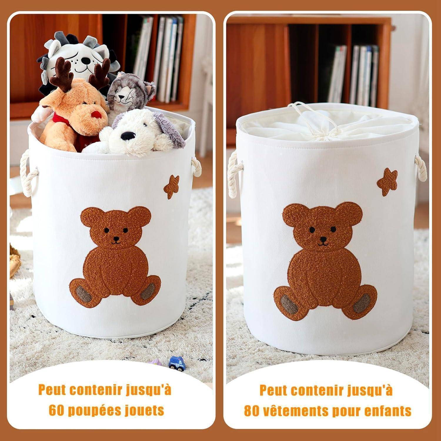 Weißer Teddybär-Aufbewahrungskorb mit Griffen, gezeigt gefüllt mit Plüschtieren in einer Ansicht und verschlossen in einer anderen; der Text besagt, dass er bis zu 60 Spielzeuge oder 80 Kinderkleider fasst.