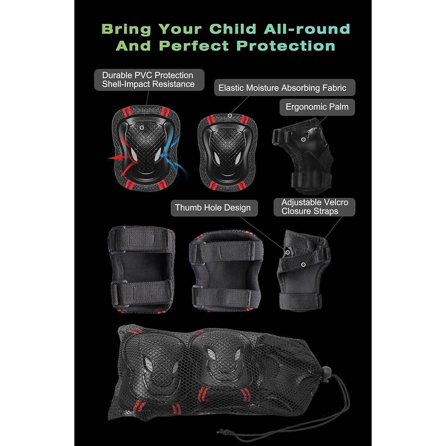 Produktgrafik von Kinderschutzausrüstung mit Knie- und Ellbogenschützern, Handgelenkschützer und einer Netztasche zum Transportieren, gekennzeichnet mit Merkmalen wie Schalenschlagresistenz, Daumenlochdesign und verstellbaren Riemen.