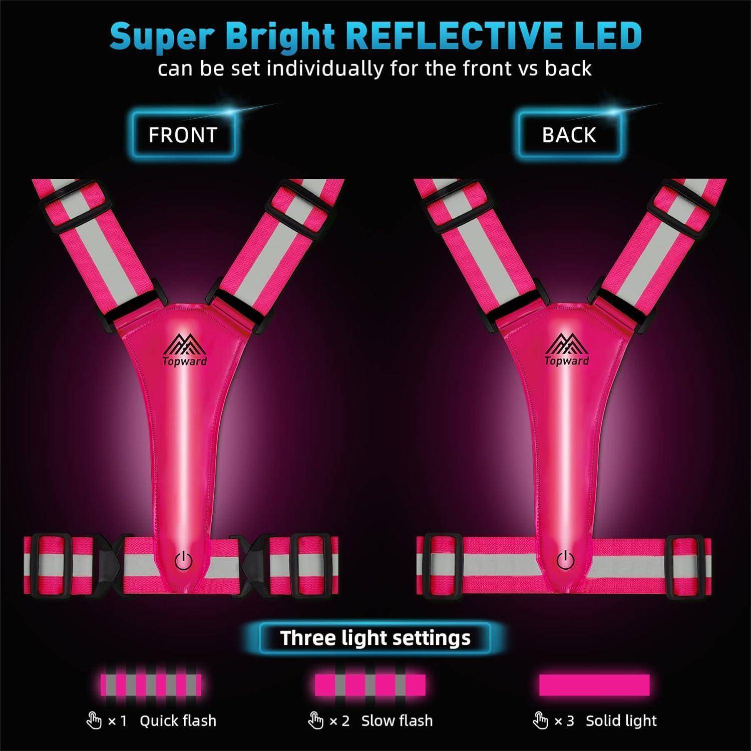 Werbebild eines rosa reflektierenden LED-Geschirrs mit Vorder- und Rückansicht, beschriftet mit „VORNE