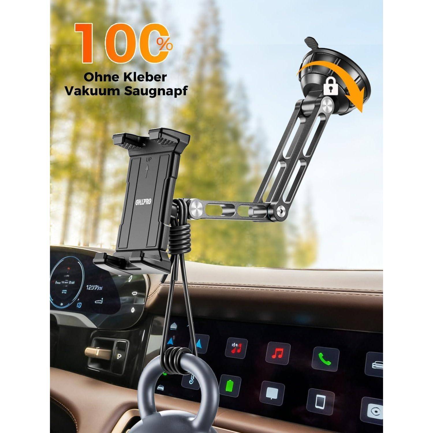 Autotelefonhalter mit Vakuumsaugnapf und verstellbarem Arm am Armaturenbrett angebracht, mit Text „100% Ohne Kleber Vakuum Saugnapf".