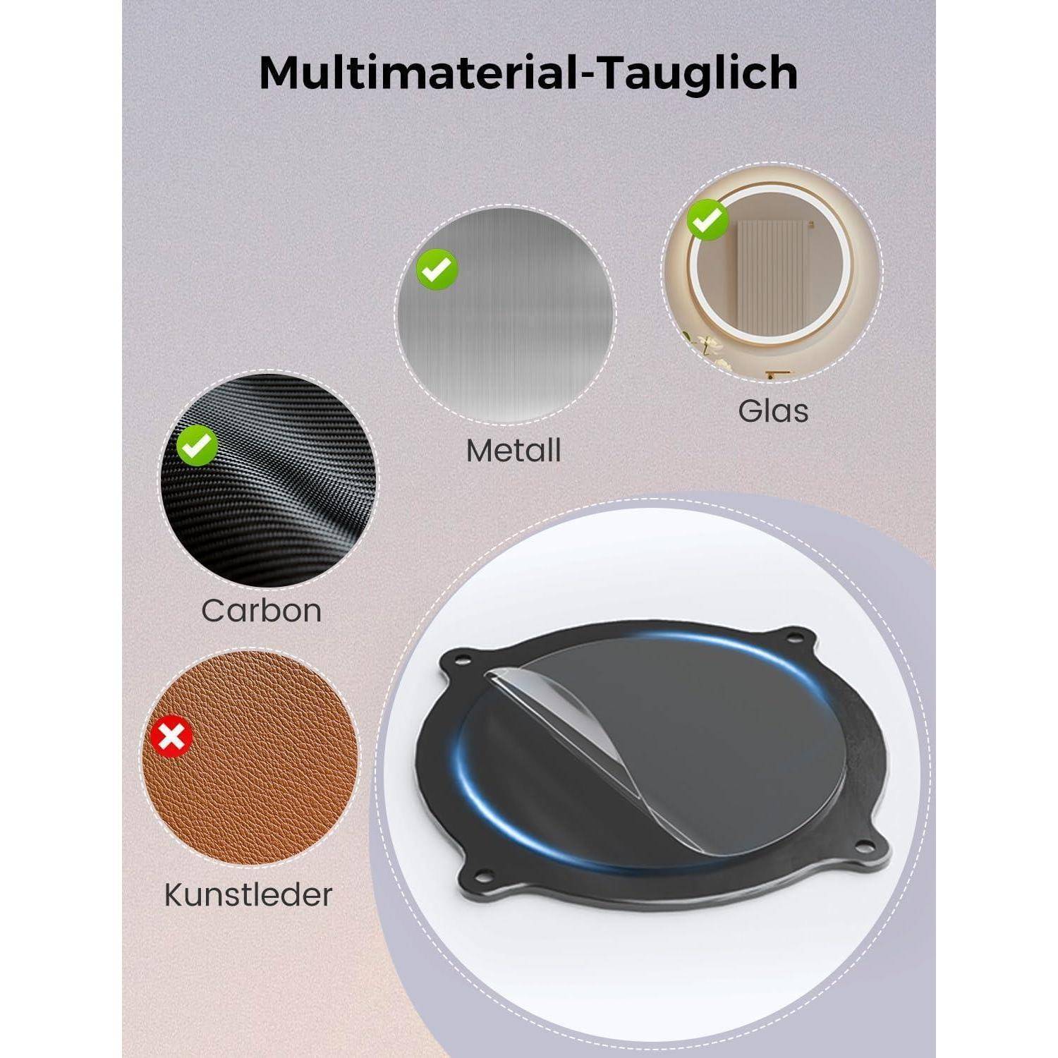 Grafik, die die Produktkompatibilität mit verschiedenen Materialien zeigt: Kohlenstoff, Metall und Glas sind mit grünen Häkchen gekennzeichnet, während Kunstleder mit einem roten X markiert ist.
