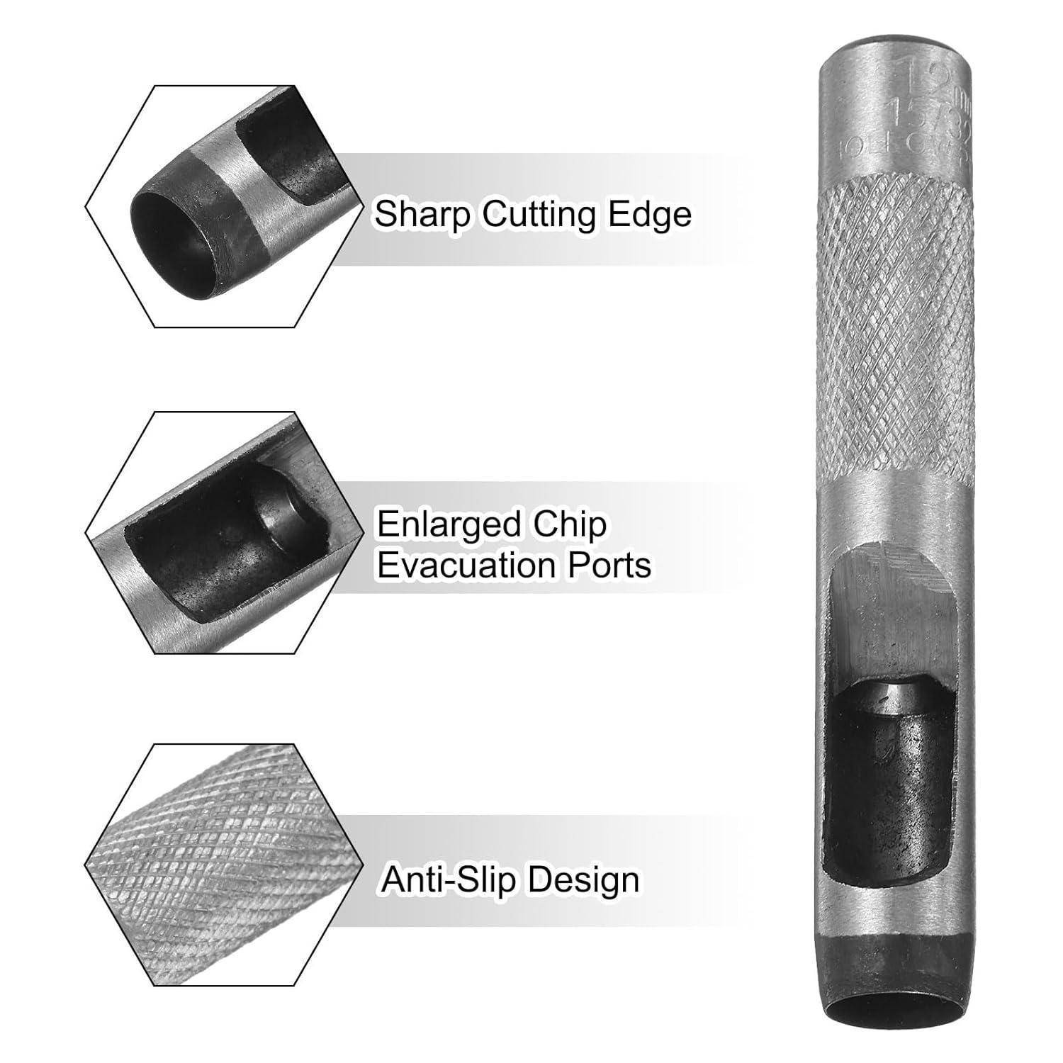 Annotiertes Metallwerkzeug mit hervorgehobener scharfer Schneidkante, vergrößerten Spanauswurfbohrungen und rutschfestem Design.