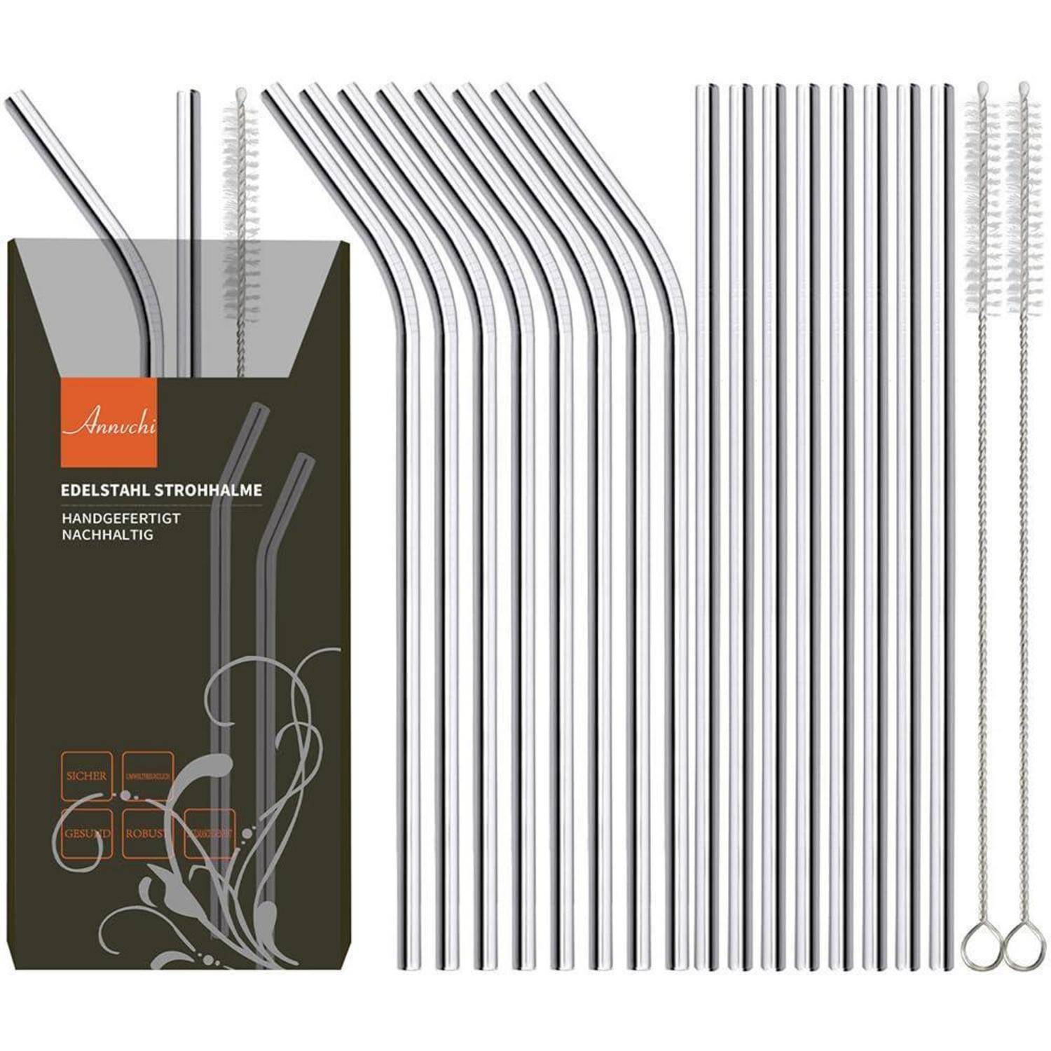 Packung wiederverwendbarer Edelstahl-Trinkhalme, gerade und gebogen, mit zwei Reinigungsbürsten; der Kartontext lautet „Edelstahl Strohalme, handgefertigt, nachhaltig