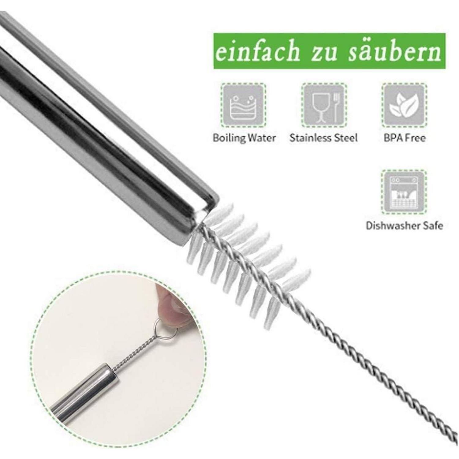 Edelstahlreinigungsbürste mit langem Drahtgriff; der Text besagt „einfach zu säubern" und die Symbole vermerken Kochendes Wasser, Edelstahl, BPA-frei, spülmaschinenfest.
