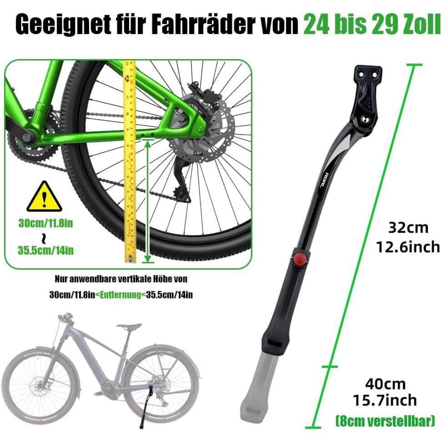 Werbeplan, der eine Fahrradständer für 24-29 Zoll Fahrräder zeigt, mit Abmessungen für die Installationshöhe und die Ständerlänge.
