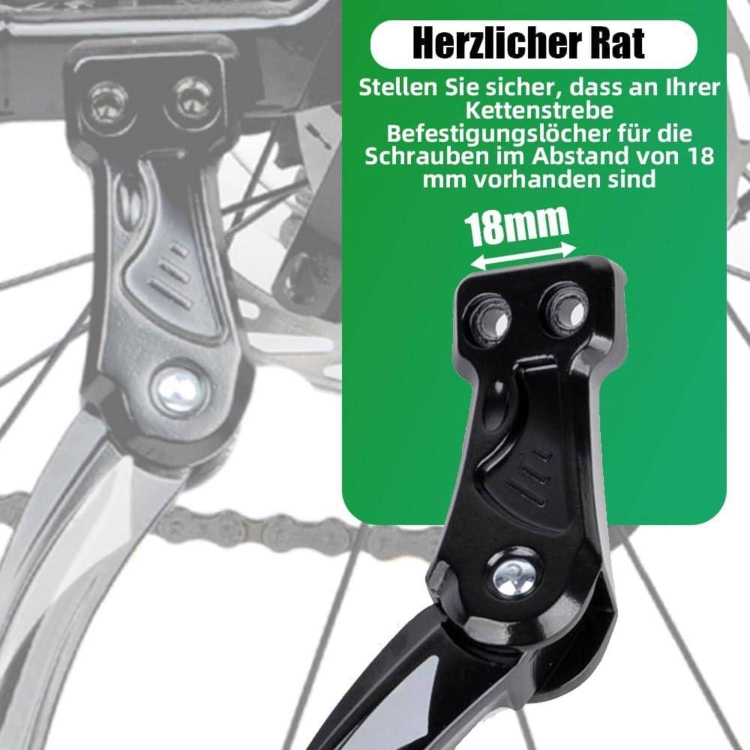 Fahrrad-Kettenstreben-Schutz mit deutscher Textwarnmeldung, dass die Befestigungslöcher auf der Kettenstrebe **18 mm** auseinander liegen müssen; "**18mm**"" ist hervorgehoben.