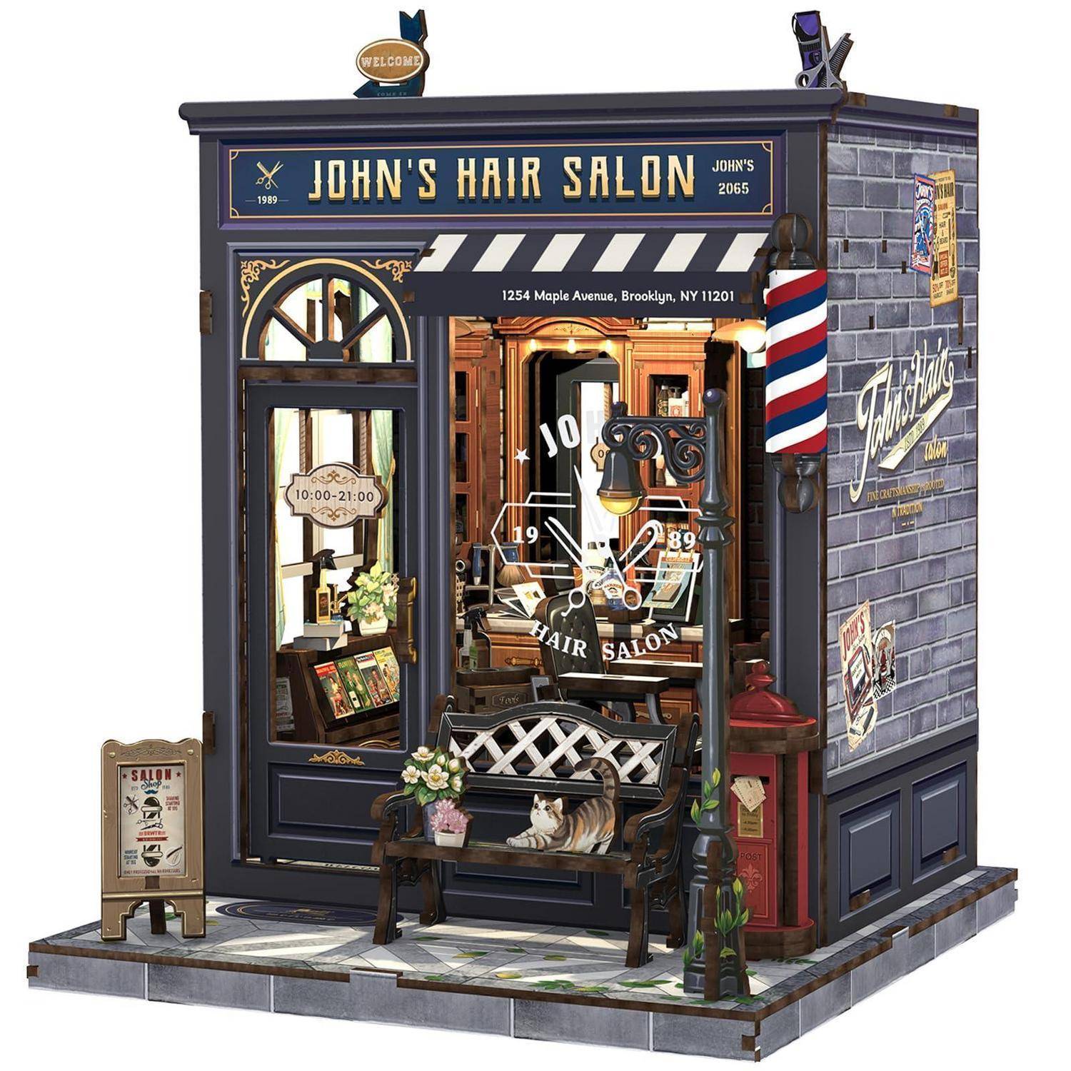 Illustration der Fassade des John's Hair Salon mit Frisierstangenstab, Glastür, Bank und Gehwegschild, das eine klassische Straßenladen-Außenansicht zeigt.