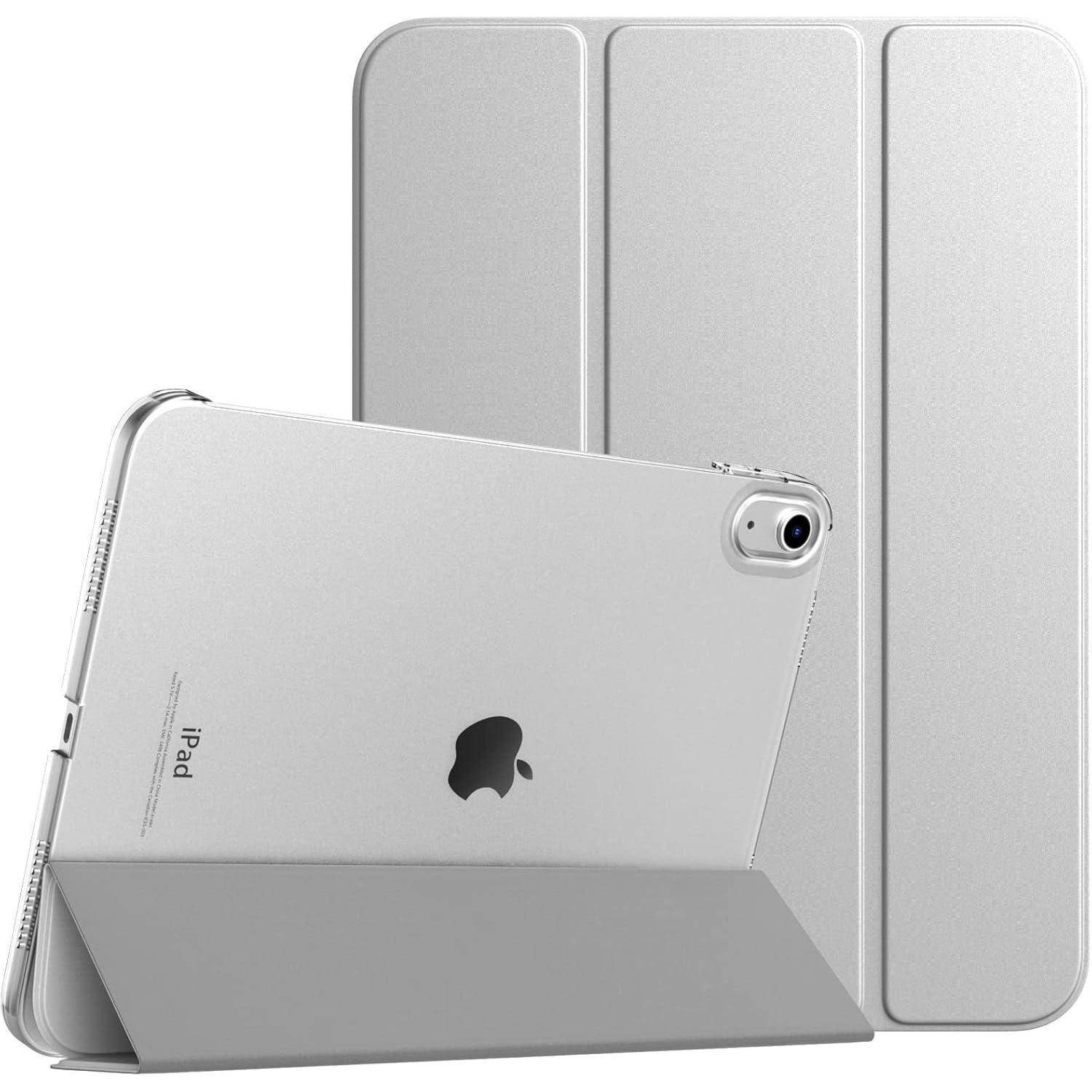 Silbernes Apple iPad in einer grauen Schutzhülle mit Klappmechanismus von vorne und hinten gezeigt, mit sichtbarer rückseitiger Kamera.