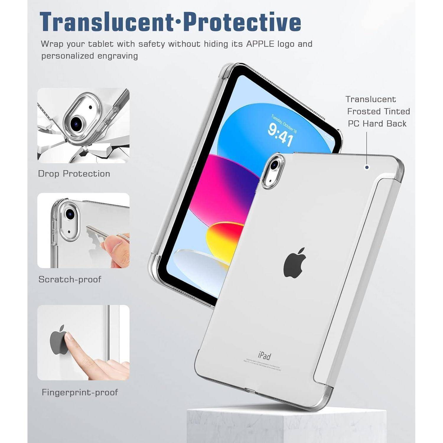 Anzeige für eine transparente iPad-Schutzhülle mit Schutz vor Stürzen, Kratzern und Fingerabdrücken, mit mattem hartem Rücken, der das Apple-Logo sichtbar lässt.