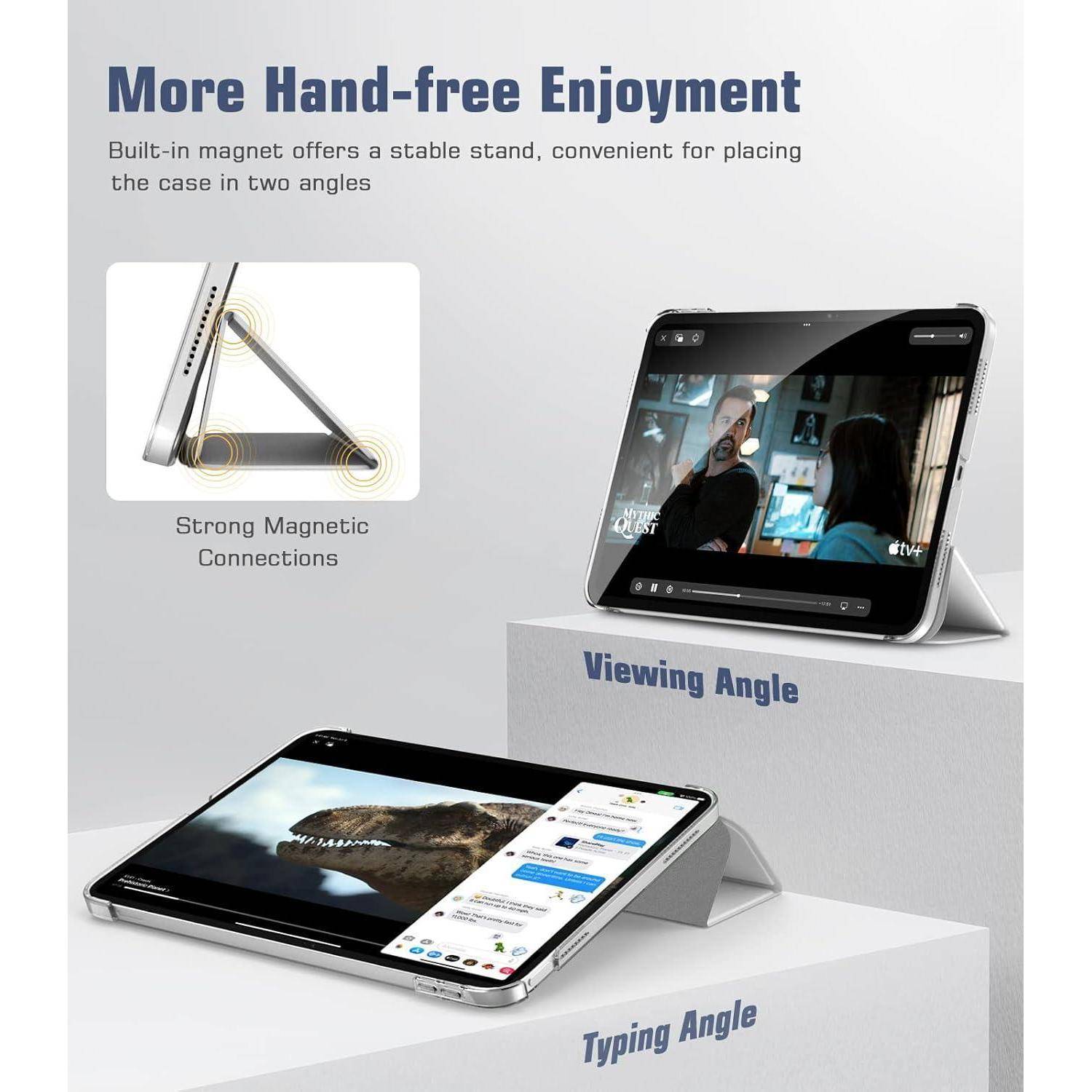 Werbegrafik, die einen magnetischen Tablet-Schutzhüllen-Ständer mit zwei Betrachtungswinkeln und starken Magnetverbindungen für freihändige Nutzung und zum Tippen zeigt.
