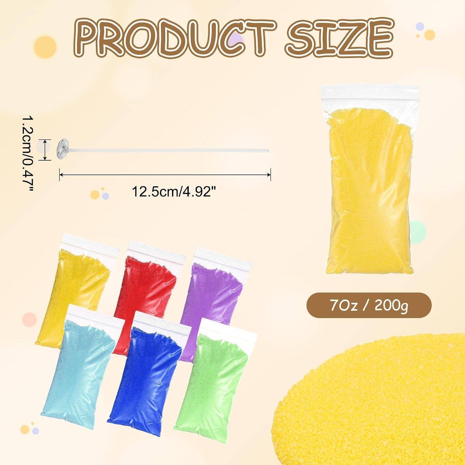 Produktgrößengrafik zeigt einen verschlossenen 7oz/200g-Beutel aus farbigem Material, etwa 12,5 cm breit und 1,2 cm hoch; mehrere Farboptionen werden angezeigt.