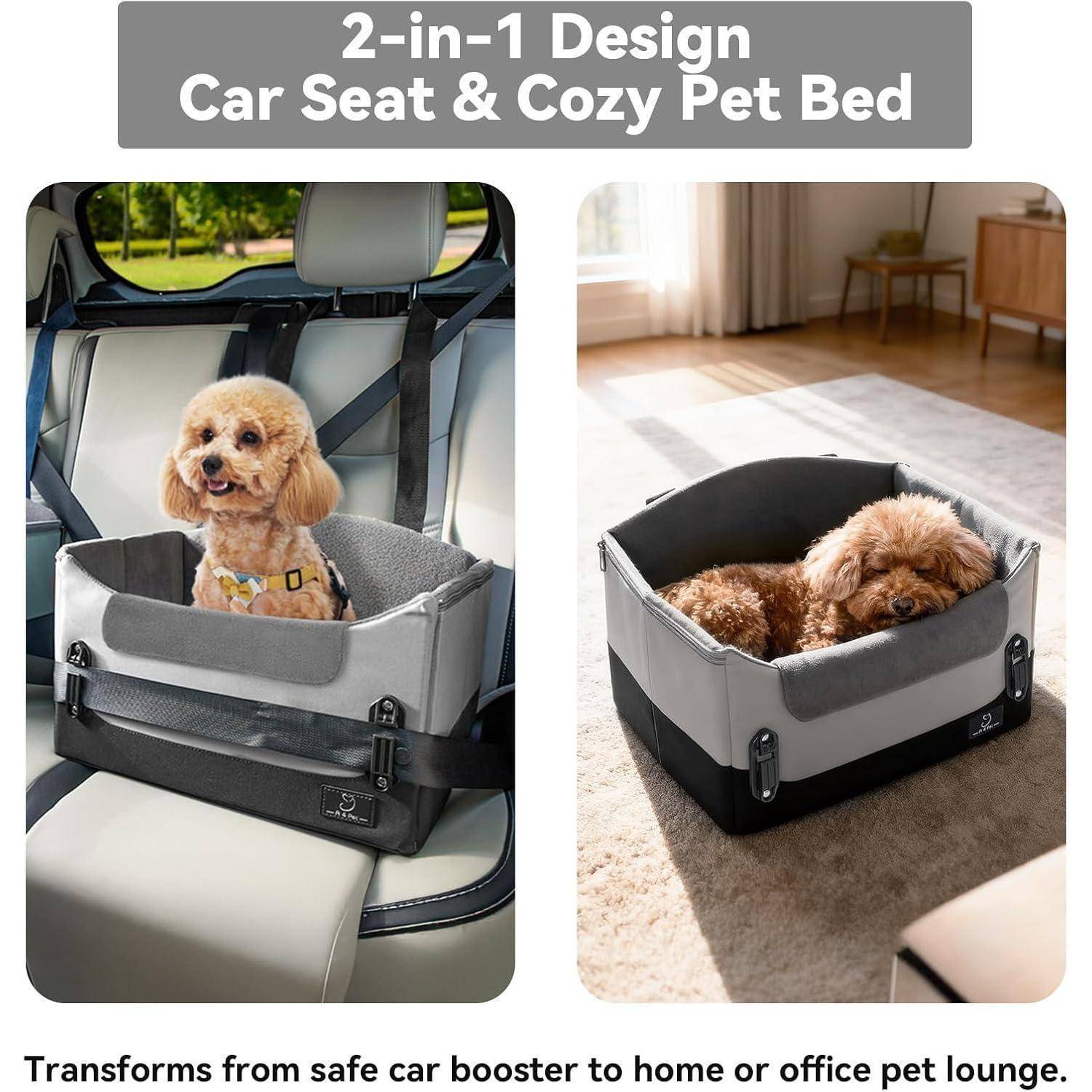 Werbebild zeigt ein 2-in-1-Haustierproduktwechsel von einer Autositzerhöhung für einen kleinen Hund zu einem gemütlichen Haustierbett für Zuhause oder Büro.