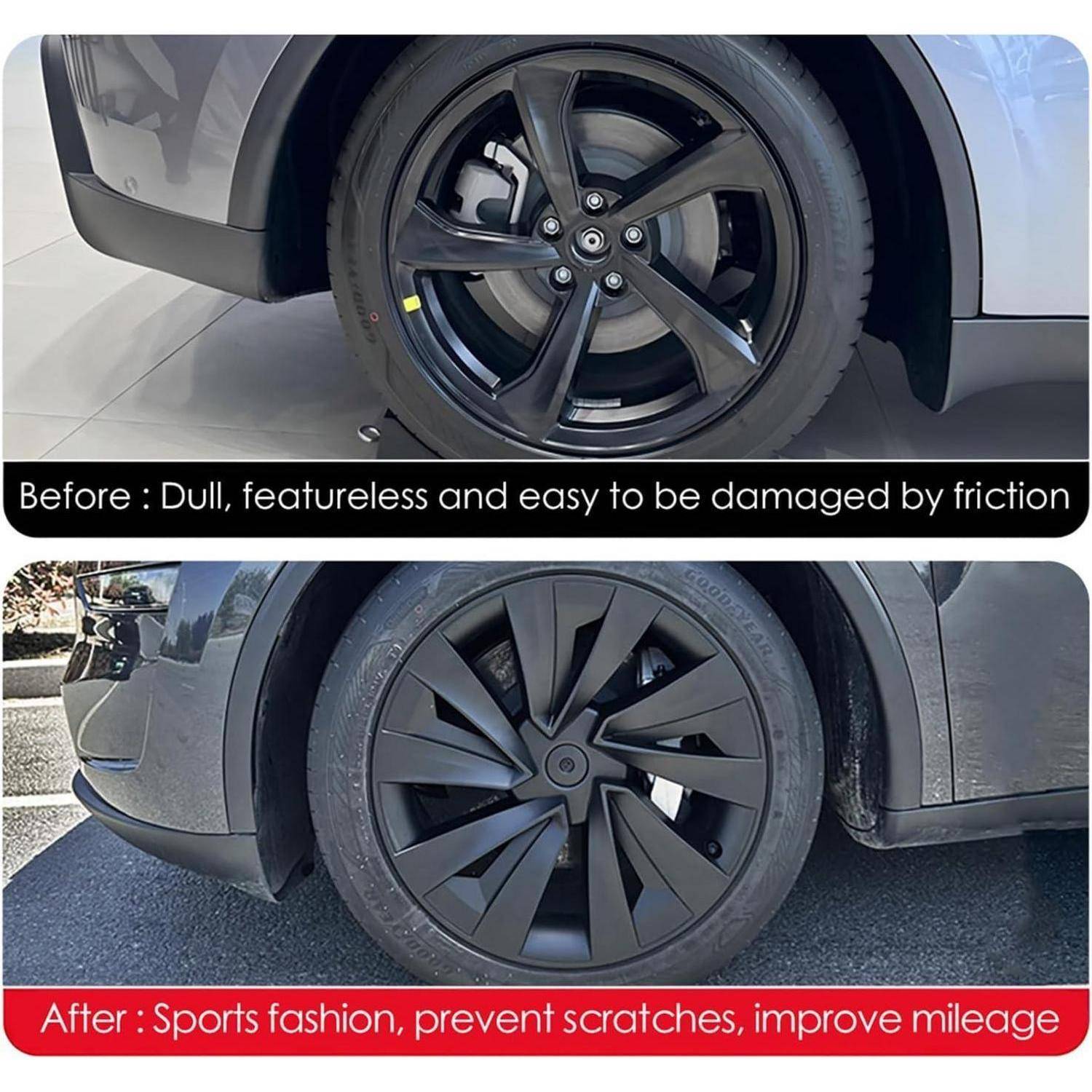 Vorher-und-Nachher-Vergleich einer Radabdeckung für ein Auto: Oben ist eine schlichte schwarze Felge mit der Bezeichnung "Vorher"" zu sehen; unten ist eine stilvolle Radabdeckung mit der Bezeichnung ""Nachher"" dargestellt, die Kratzersch­utz und verbesserte Kilometerleistung verspricht.