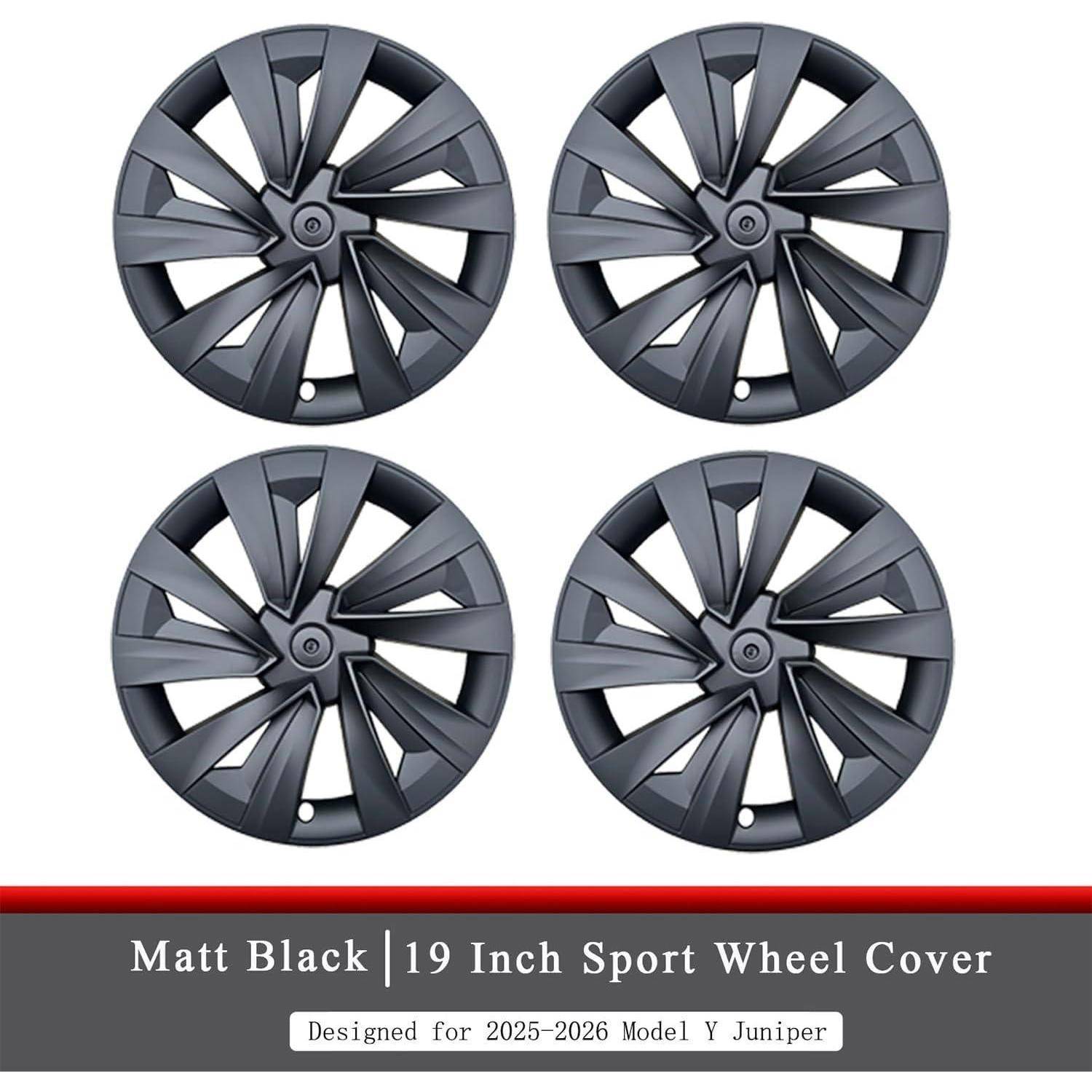 Vier matte schwarze 19-Zoll-Sportradkappen, die in einem 2x2-Layout angeordnet sind, mit der Beschriftung „Entworfen für 2025-2026 Model Y Juniper".
