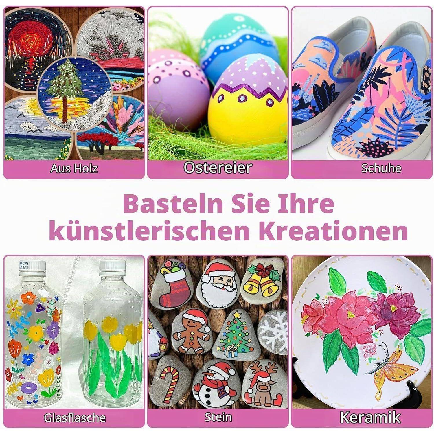 # Deutsches Bastelkunst-Kollage mit dekorierten Gegenständen, beschriftet mit Holz, Ostereiern, Schuhen, Glascflasche, Stein und Keramik unter „Basteln Sie Ihre künstlerischen Kreationen