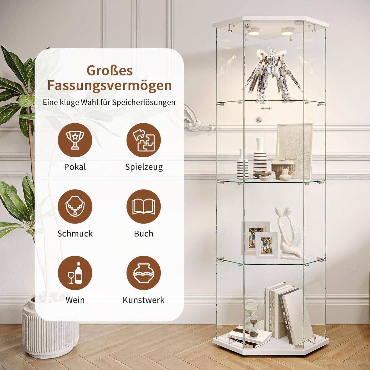 Glasvitrine Stehend mit Led,Glasvitrine Standvitrine,4 Lagen Glas Holz Glas Vitrine Vitrinenschrank 1 TüR und Schloss Vitrine Glasschrank Display