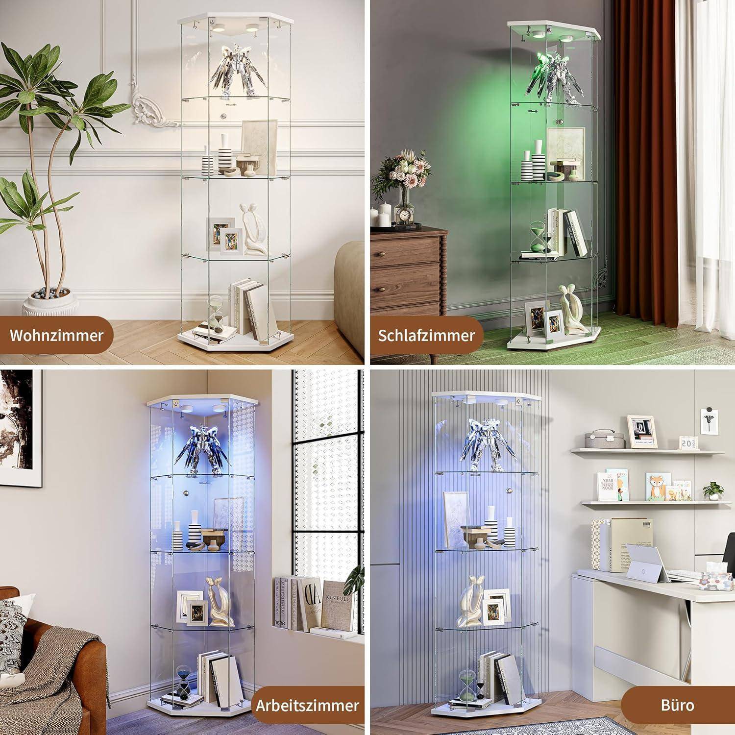 Glasvitrine Stehend mit Led,Glasvitrine Standvitrine,4 Lagen Glas Holz Glas Vitrine Vitrinenschrank 1 TüR und Schloss Vitrine Glasschrank Display